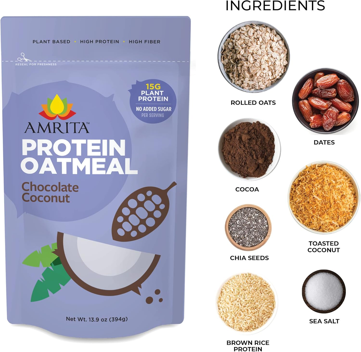 Amrita Chocolate Coconut Overnight Protein Oats (14Oz) | High Fiber, No Added Sugar Oatmeal, Breakfast Cereal, Protein Shakes, Healthy Snacks | Old Fashioned Rolled Oats | Vegan, Non-Gmo, Gluten Free, image number 1