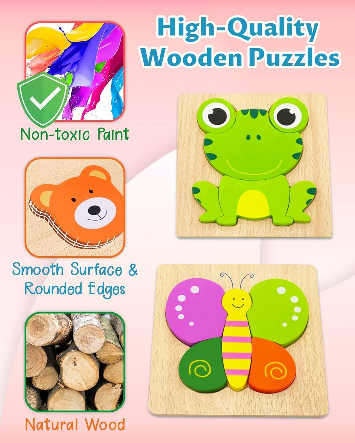 Wooden Puzzles Toddler Toys Gifts for 1 2 3 Year Old Boys Girls, Animal Jigsaw Puzzles Montessori Toys, Learning Educational Christmas Birthday Gifts for Girls Boys Ages 1-3 image number 3