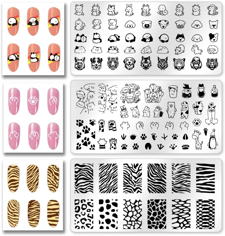 Beinkmake 3Pcs Cute Animals Nail Stamping Plate Leopard Print Nail Stamping Templates Art Stamp Plates DIY Reusable Stainless Steel Tools for Manicure Printing image number 1