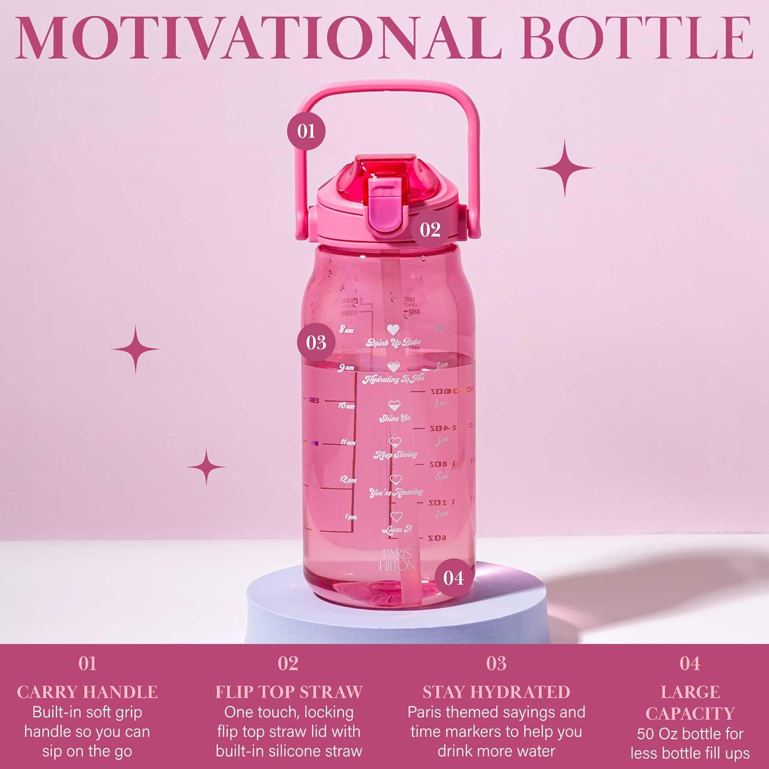 Paris Hilton Motivational Water Bottle, 50-Ounce, Standard, Pink image number 4