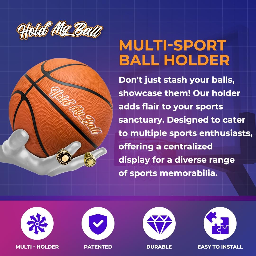 Wall-Mounted Ball Holder &ndash; Premium Resin &ndash; Basketball, Soccer, Football Display &ndash; Secure Ball Hanger, Sports Room Decor, Basketball Wall Mount for Man Caves, Memorabilia image number 3