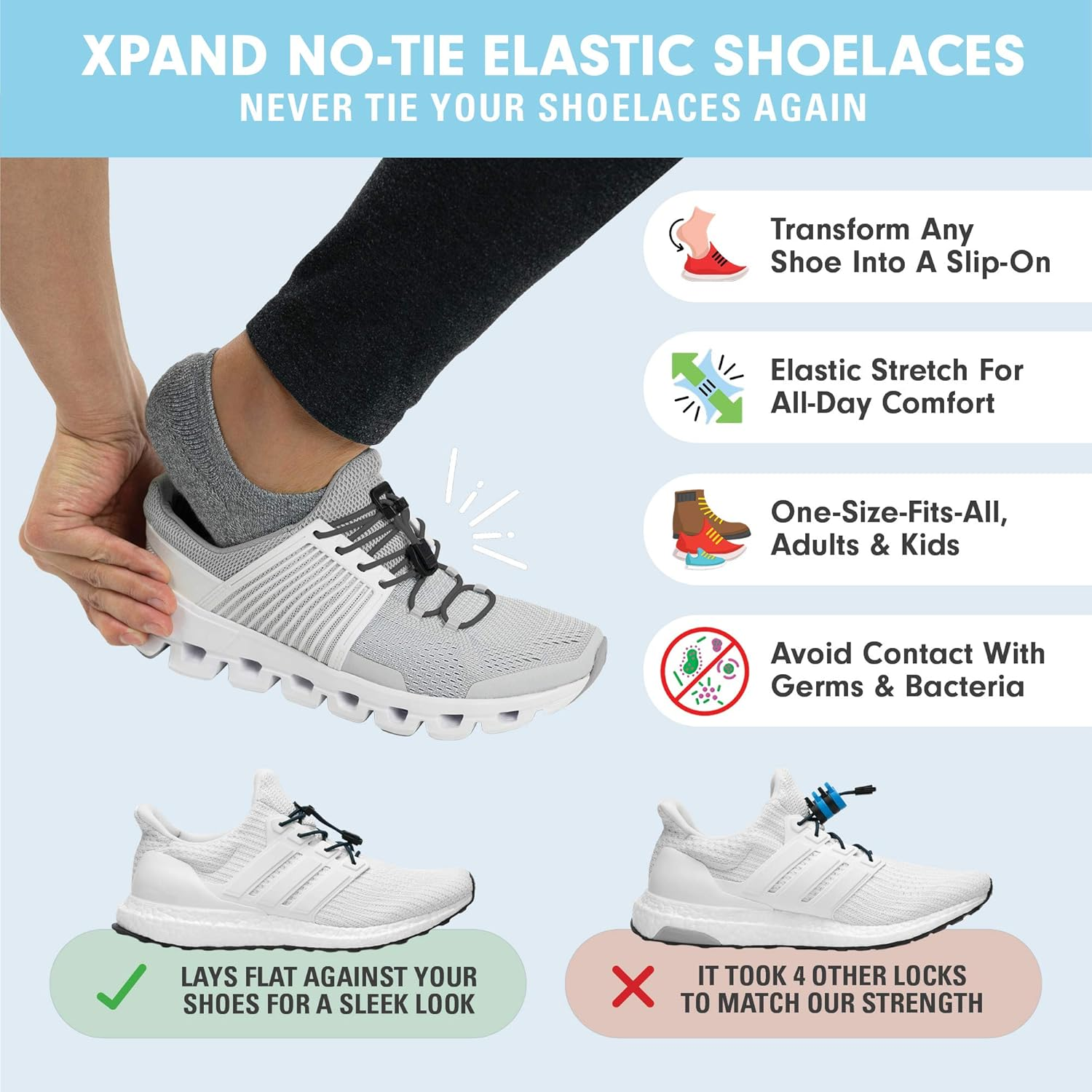 Xpand Quick Release Round-Lacing No Tie Shoelaces System with Elastic Laces - One Size Fits All Adult and Kids Shoes (Gray, 132 Cm) image number 4