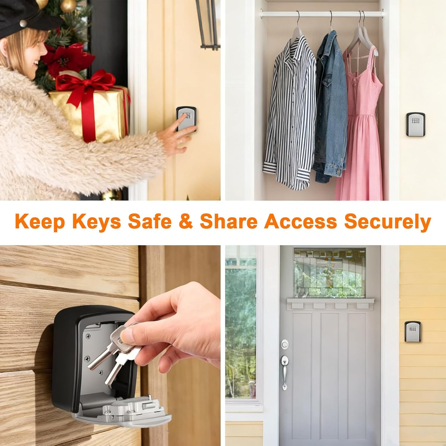 Key Lock Box outside with 4-Digit Combination Code Wall Mounted Heavy-Duty Key Lock Holder, Weatherproof Outdoor Hide-A-Key Box for Home, Car, Office (Universal Fit)