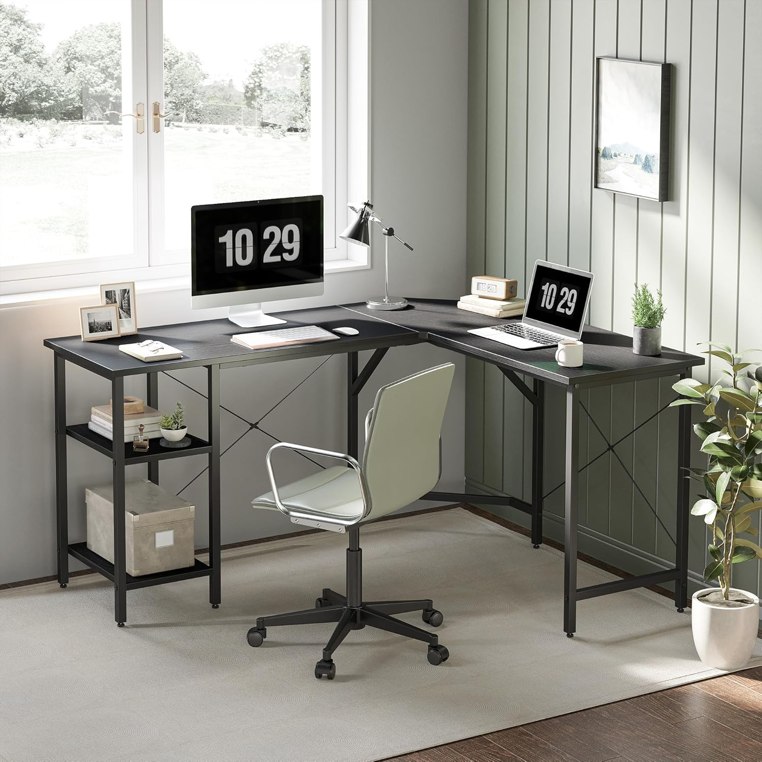 Cubicubi L Shaped Computer Desk, 150 Cm Industrial Office Desk with Storage Shelves, White Wood and Metal Corner Desk for Home Office, Black image number 5