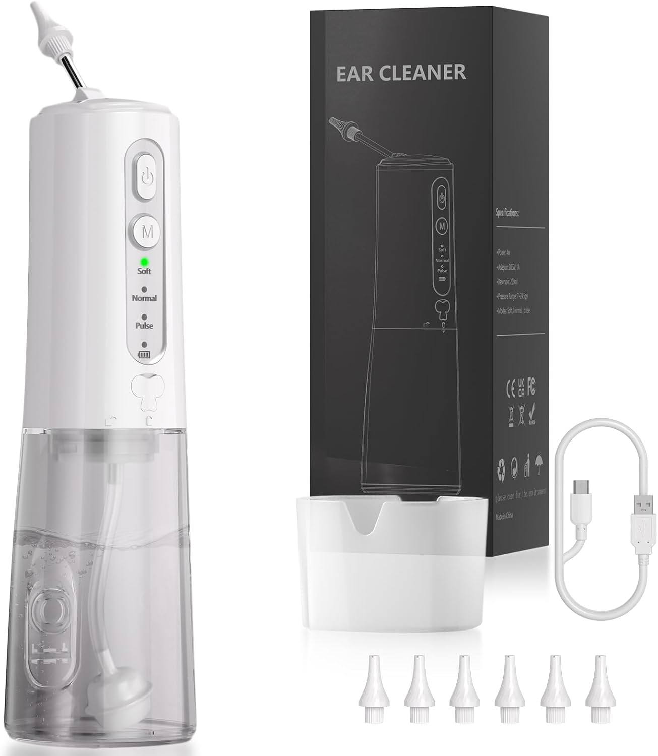 Ear Cleaner, Professional Ear Wax Removal with 6 Tips, 3 Modes, IPX7 Waterproof, USB-C Rechargeable Ear Cleaning Kit for Home Use, White