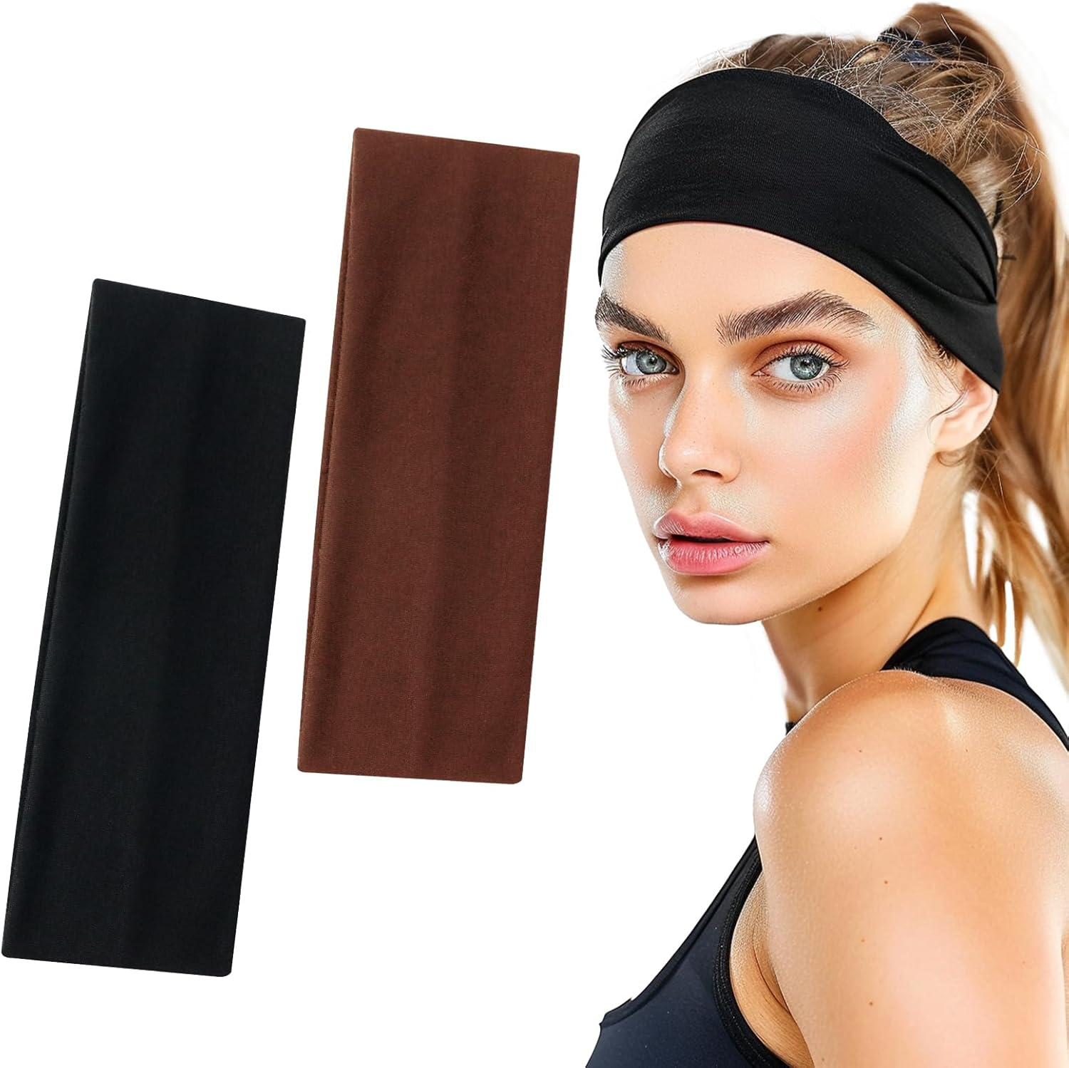 Sularpek 2 Pack Headbands for Women'S Hair, Soft Stretchy Hair Band, Head Bands Adult Women, Fabric Headband for Makeup, Yoga, Running, Unisex Gym Yoga Headbands(Black and Brown) image number 6