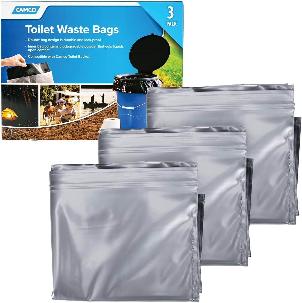 Camco Toilet Waste Bags - Durable Double Bag Design Is Leak-Proof - Inner Bag Gels Any Liquid - Great for Camping, Hiking and Hunting and More - 3 Pack (41547) image number 2