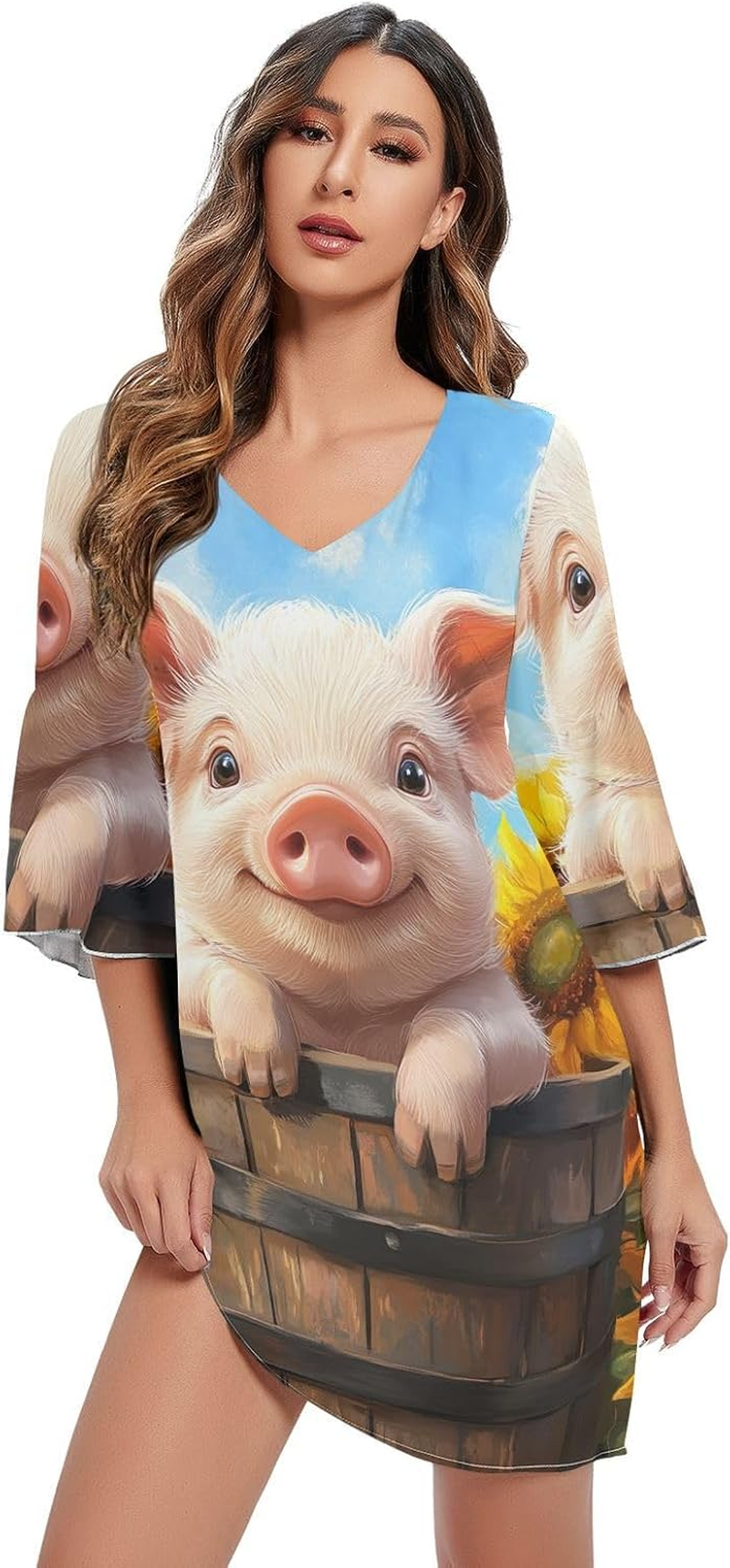 Cute Pig Short Chiffon Dress Print Dress Line Maternity Dress, Cute Pig 4, Large