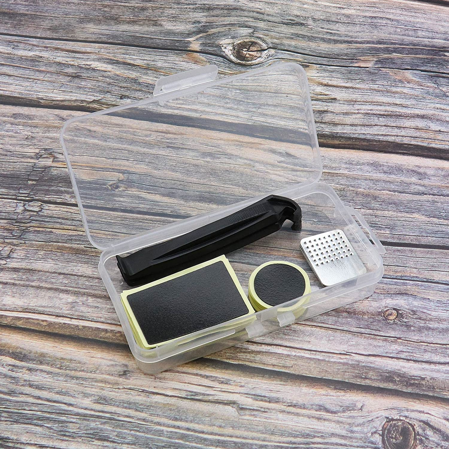 SING F LTD 1 Set of 30PCS Bicycle Tire Patch Repair Kit 12PCS round 12PCS Rectangular Glueless Self-Adhesive Patches with 4PCS Metal Rasps 2PCS Tire Levers Storage Box image number 2