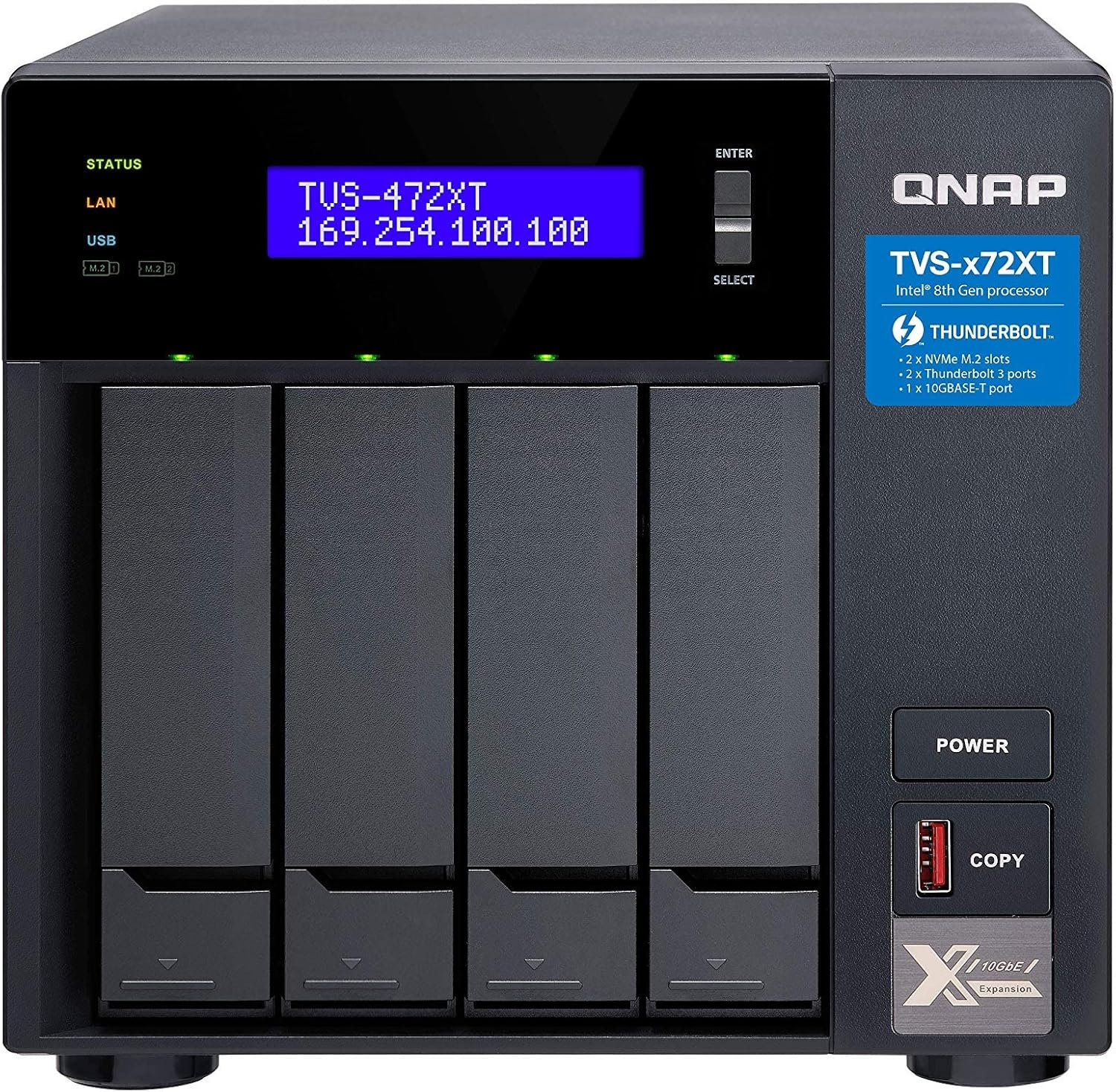 QNAP TVS-472XT-PT-4G 4 Bay NAS Intel&reg; Pentium G5400T 2-Core 3.1 Ghz 4GB DDR4 Hot-Swappable 2 Xpcie 2Xgbe 1X10Gbase-T 2Xthunderbolt 1Xusb3.2 2 Yrs image number 1