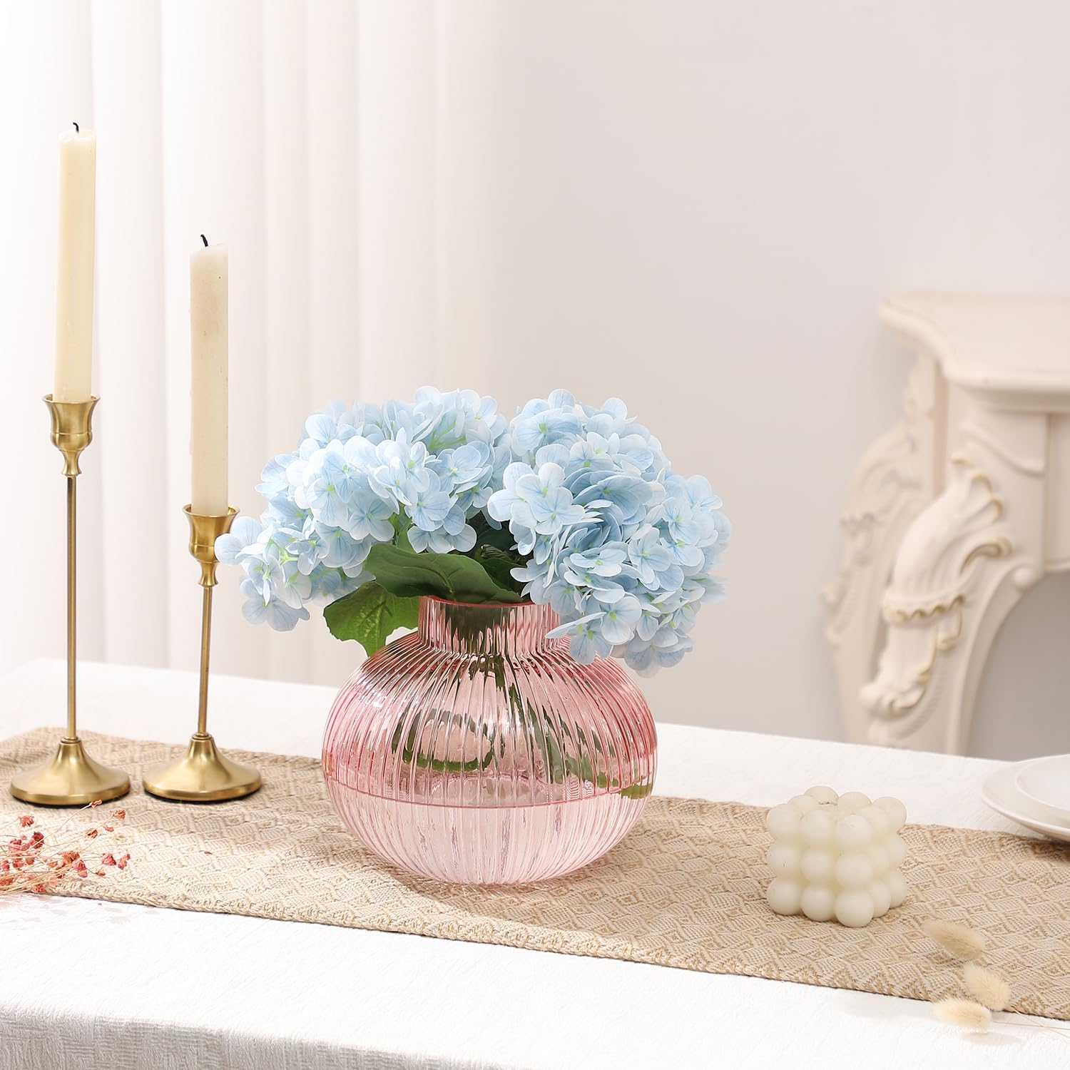 Pink Glass Vase for Flowers, Ribbed Glass Vase, round Flower Vases for Tulips, Short Vases for Living Room, Office, Coffee Table, Shelf, Wedding, 6 Inches image number 6