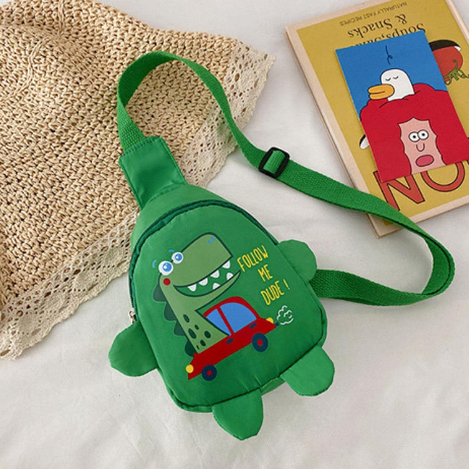 Backpack for Kids - Cute Dinosaur Cartoon Chest Bag | Water Proof Bag Back with Adjustable Strap for Kids Snacks Yyss - 3 Pcs Green image number 6