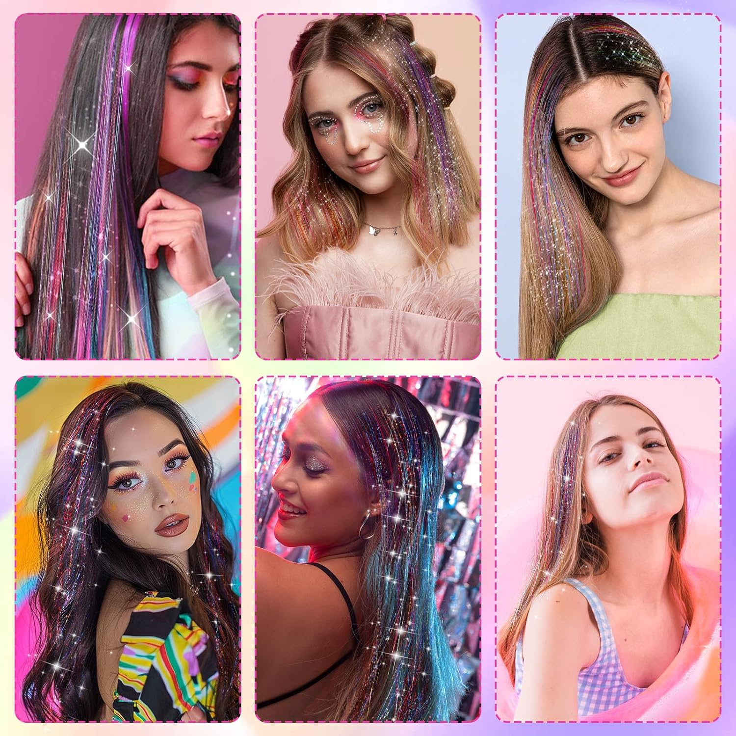 Hair Tinsel 12Pcs Tinsel Hair Extensions 20 Inch Clip in Glitter Hair Extension Colorful Hair Tinsel Hair Glitter Strands Tinsel Kit Hair Accessories for Women Girls Cosplay Halloween Party Festival image number 1
