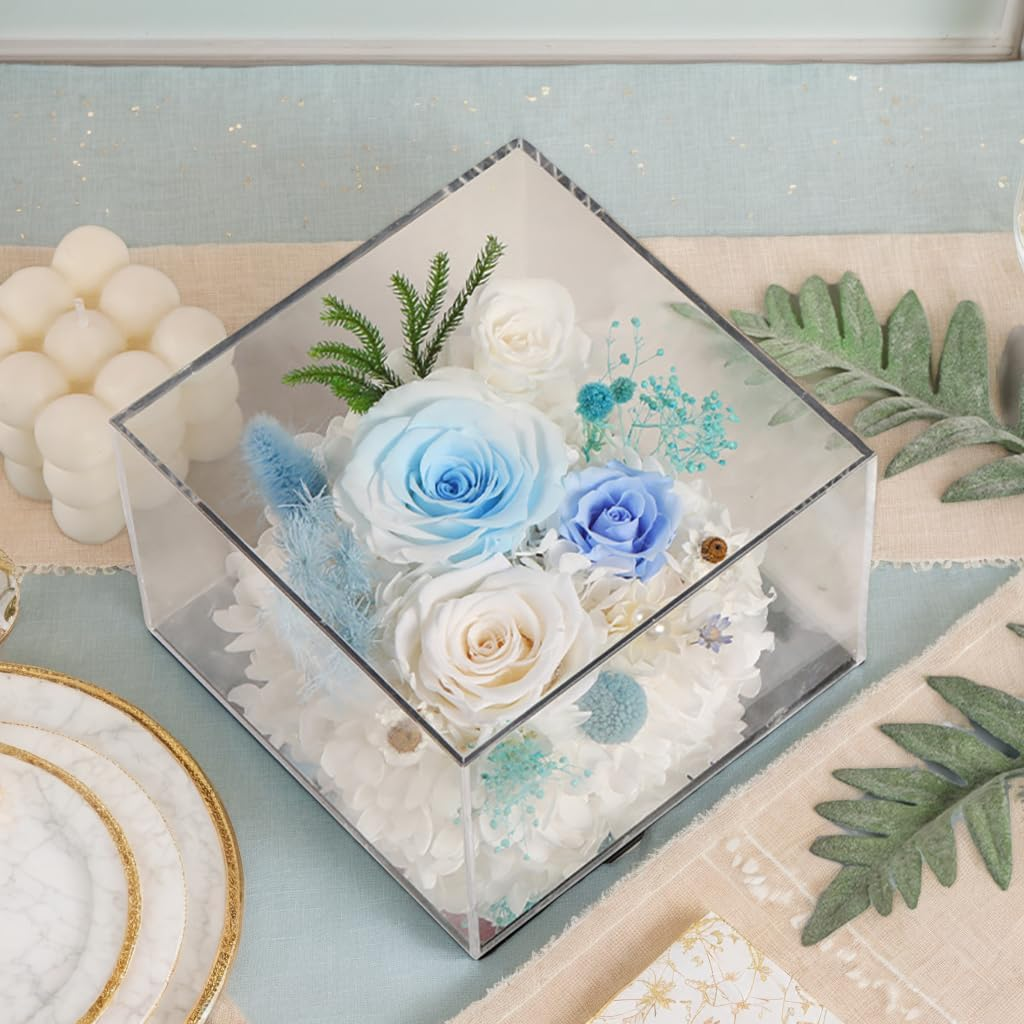 FIZOZI Eternal Rose Acrylic Cube - 15Cm Preserved Floral Women | Anniversary, Birthday, Valentine'S Day | 5 Colors (Red/Pink/Blue/Purple/Yellow) with Gift Box