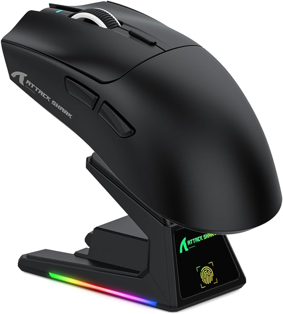 ATTACK SHARK X1 Ultralight Wireless Gaming Mouse with Magnetic RGB Charging Dock,Anti Slip Grip Tape,Pixart PAW3395 Pro Sensor,40000Dpi,Bt/2.4Ghz/Wired,Optical Micro Switch for PC Mac Gamer(Black)
