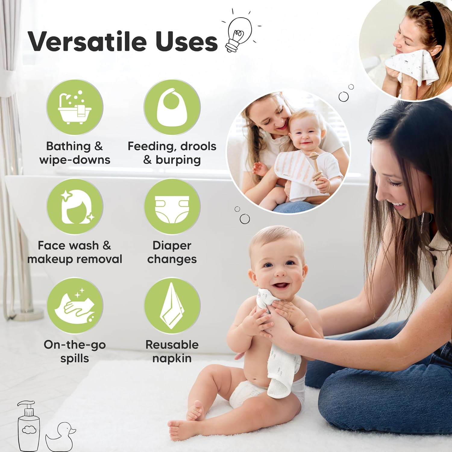 6-Pack Cotton Baby Washcloths for Newborn - Organic Cotton Muslin Soft Wash Cloths for Babies, Infant, Kids, Toddler Towels for Boy, Girl, Super Absorbent Face Cloths, Scratch-Free Baby Rags (Nordic) - Fleur image number 4