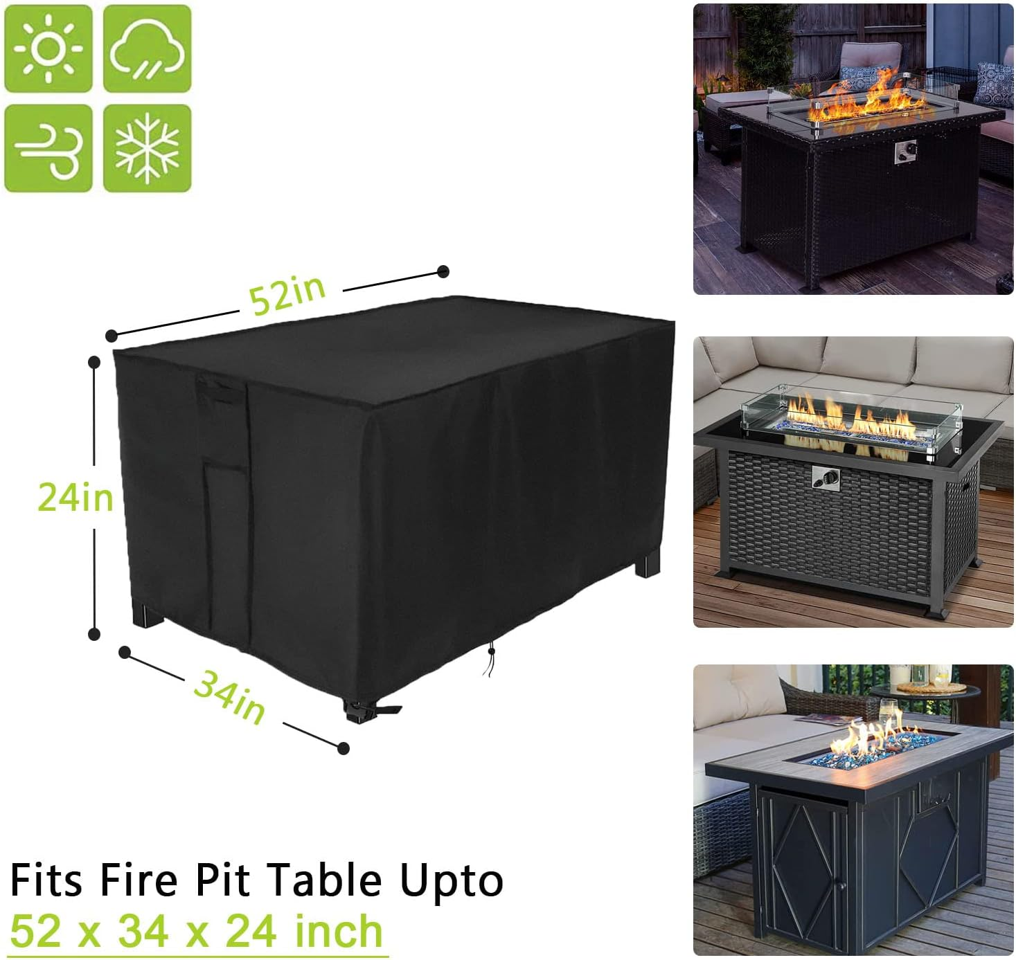 Fire Pit Cover Rectangular,Waterproof Fire Table Cover Rectangle for Outdoor Gas Propane Fire Table - 52 X 34 X 24, Black