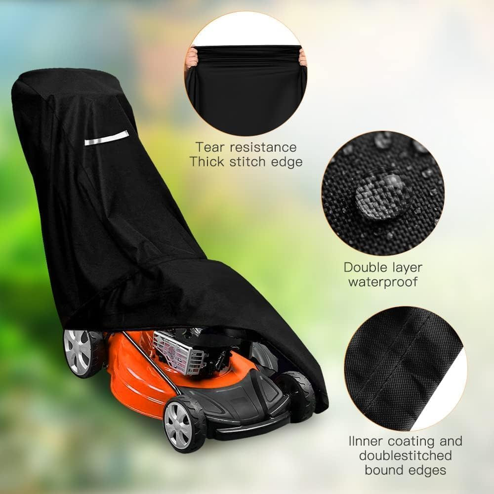 Outdoors Lawn Mower Cover, Heavy Duty 420D Lawn Mower Covers Polyester Oxford Outdoor Waterproof Universal UV Dust Protection Universal Fit Push Mower with Drawstring & Cover Storage Bag image number 6