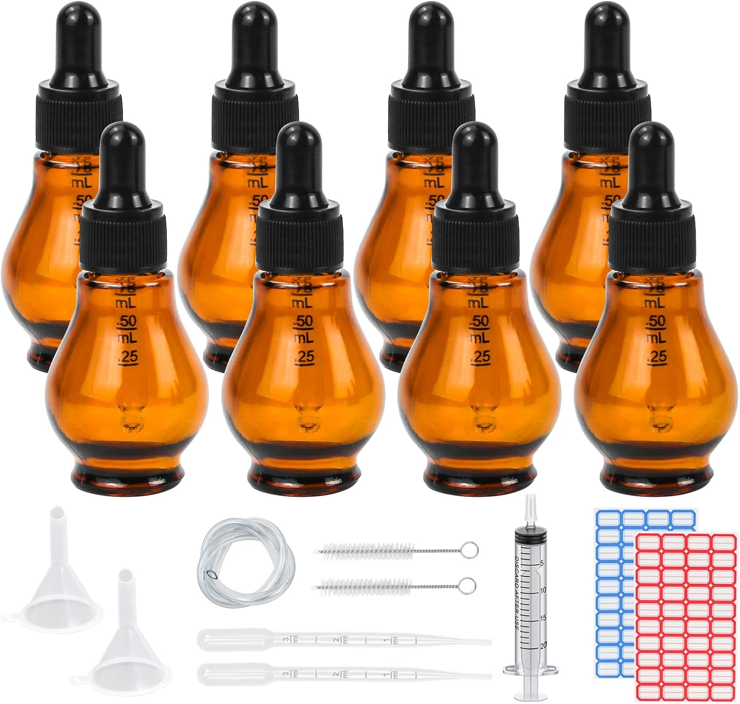 Reyshin 8 Pack Pear Shaped Amber Glass Bottles with Dropper Pipettes - Refillable Sample Bottles for Essential Oil, Massage Aromatherapy, Eye Drops (Amber 20Ml)