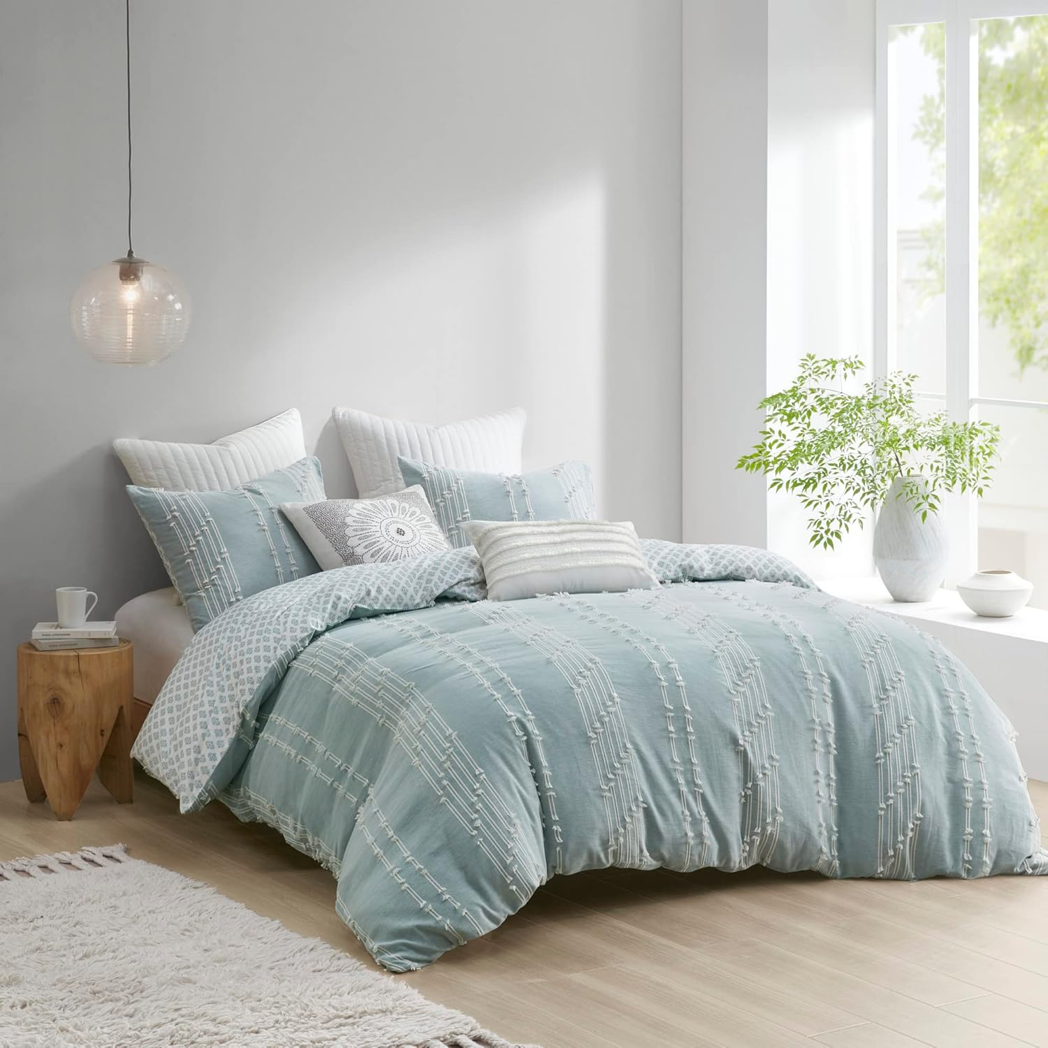 INK+IVY Kara 100% Cotton Duvet Mid Century Modern Stripe Jacquard Design Reverse to Diamond Print, All Season Duvet Cover Bedding Set, Matching Shams, Full/Queen(88"X92"), Aqua 3 Piece