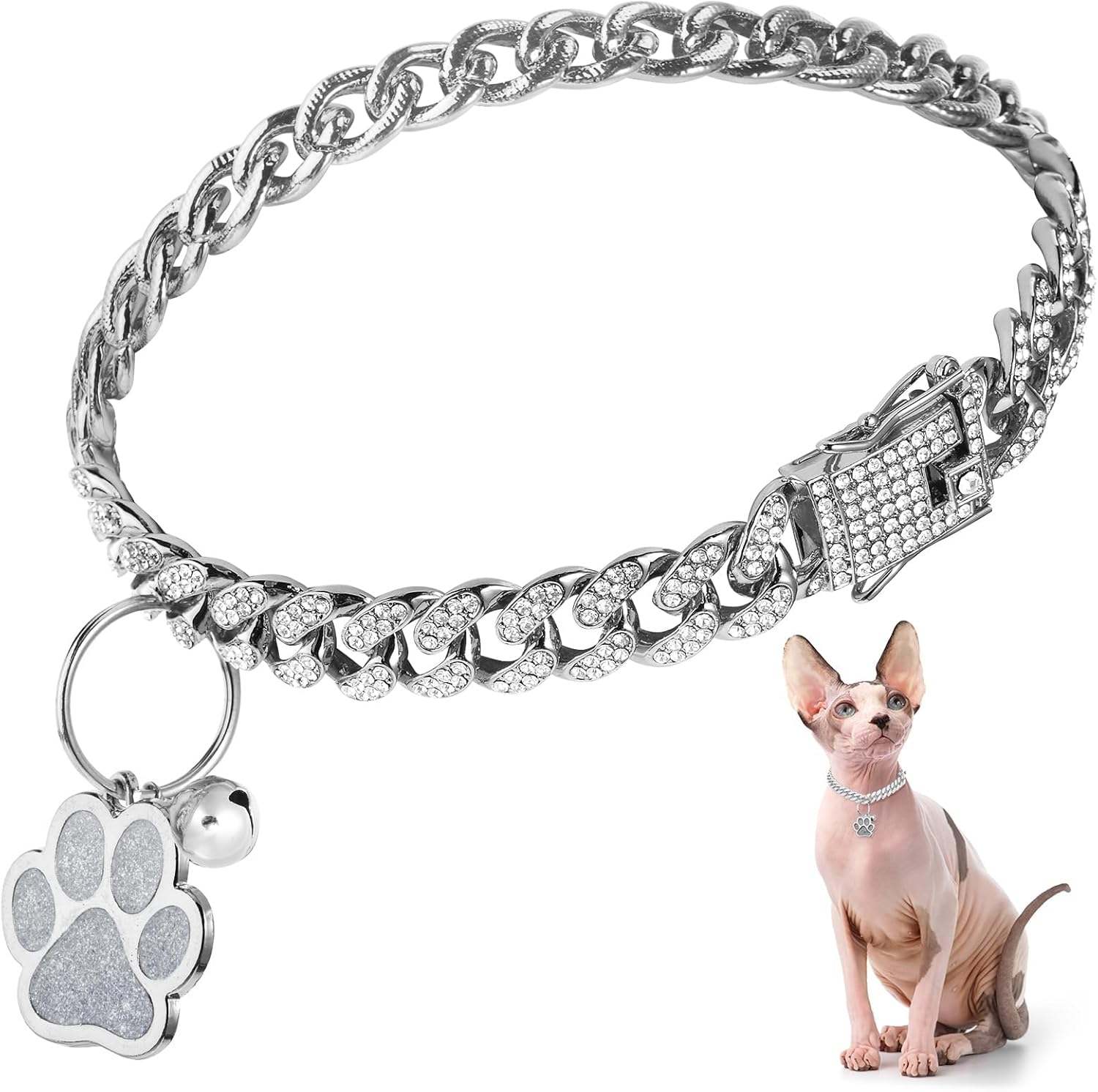 Cat Collar Diamond Chain Glitter Collar Walking Metal with Secure Buckle Cat Pet Necklace with Paw Charm Bell Link Cuban Jewelry Accessories(8 Inch,Gold)