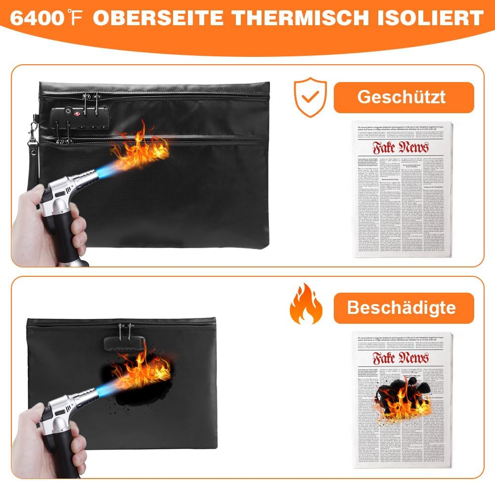 Fireproof Document Bag with Lock, 6400&deg;F 12-Layer Thermal Insulation, Fireproof Money Bag, 36 X 26 Cm, Double Zip Compartment, Fireproof Bag for Cash, Passport, Receipt, Valuables, Black image number 4