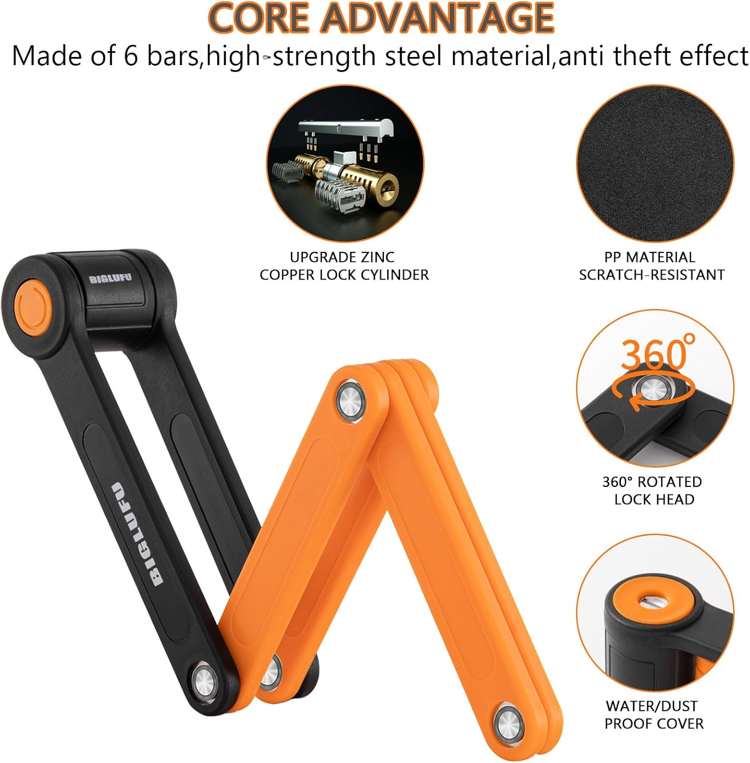 BIGLUFU Bike Lock Bicycle Scooter Motorcycle Folding Locks with 4Keys, Fold Chain Heavy Duty Alloy Steel Foldable Lock with Mounting Bracket 2Pc Straps, 86Cm/34 Unfolding, 1.92 Lbs image number 4