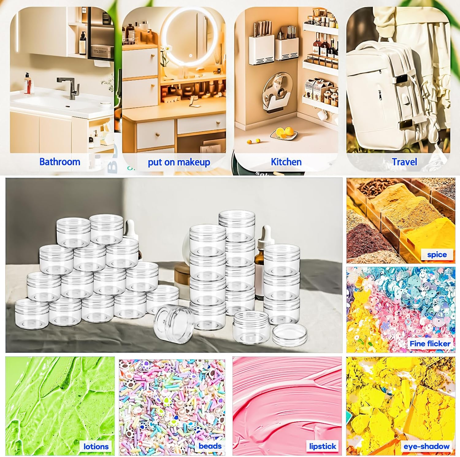 Motbach 40 PCS 15G Empty Plastic Containers with Clear Lids,Small Makeup Sample Containers,0.5Oz Small Sample Pot Jars round Travel Cosmetic Jars with Spatulas for Liquid Sample Powder Cream Lotion image number 1