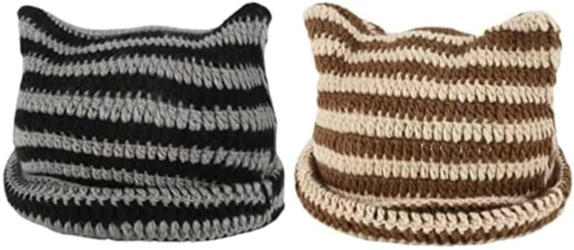 Women Girls Boys Teens Cute CAT Kitty Ears Hats, Winter Warm Knitted Stripe Grunge Accessories Slouchy Headgear