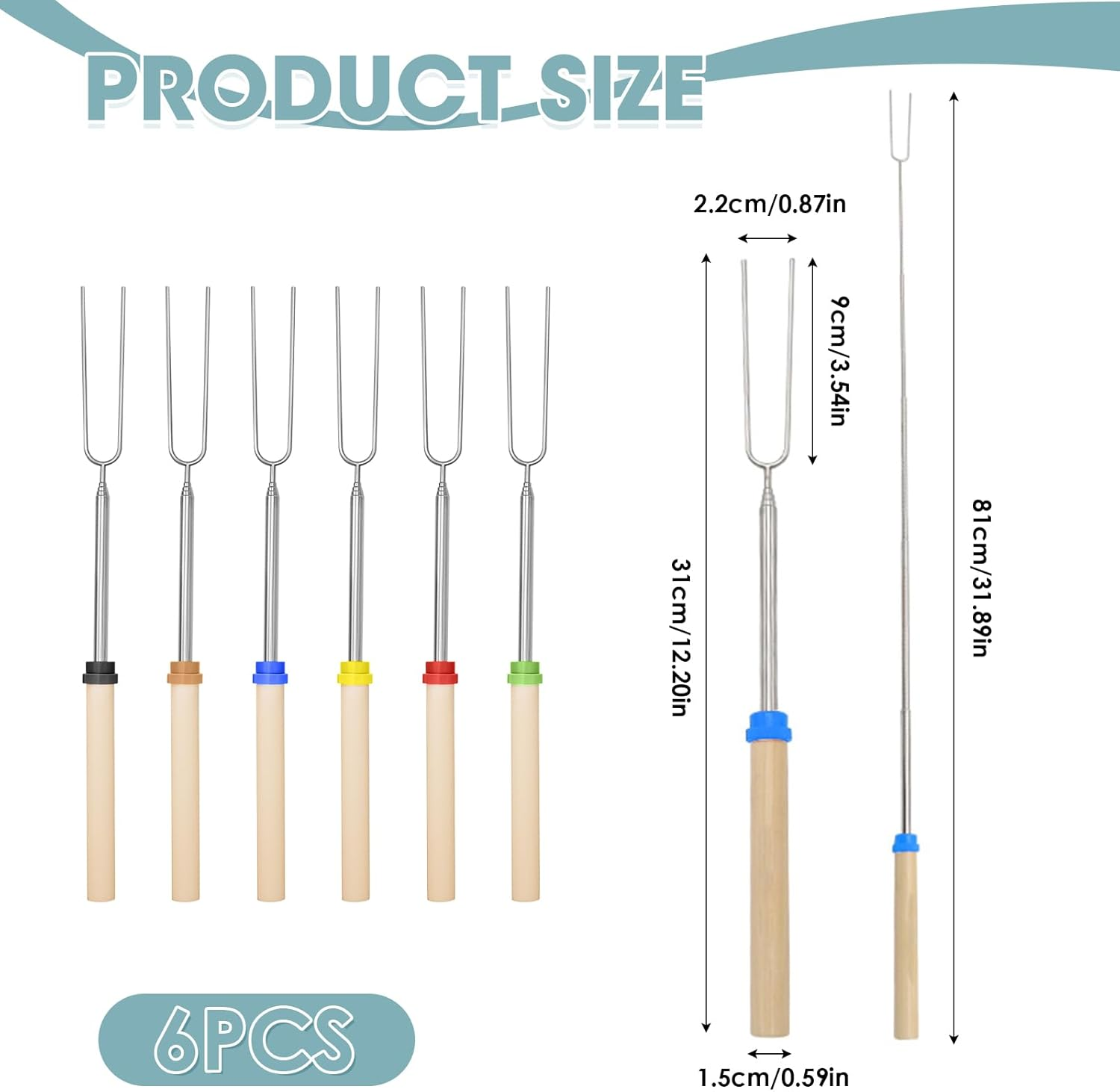 6 Pcs Marshmallow Scktis, 32Inch Long Metal Skewers & Smores Kit, BBQ Roasting Tools, Telescoping Forks, Campfire & Hot Dog for Camping, Garden Party, Barbecue