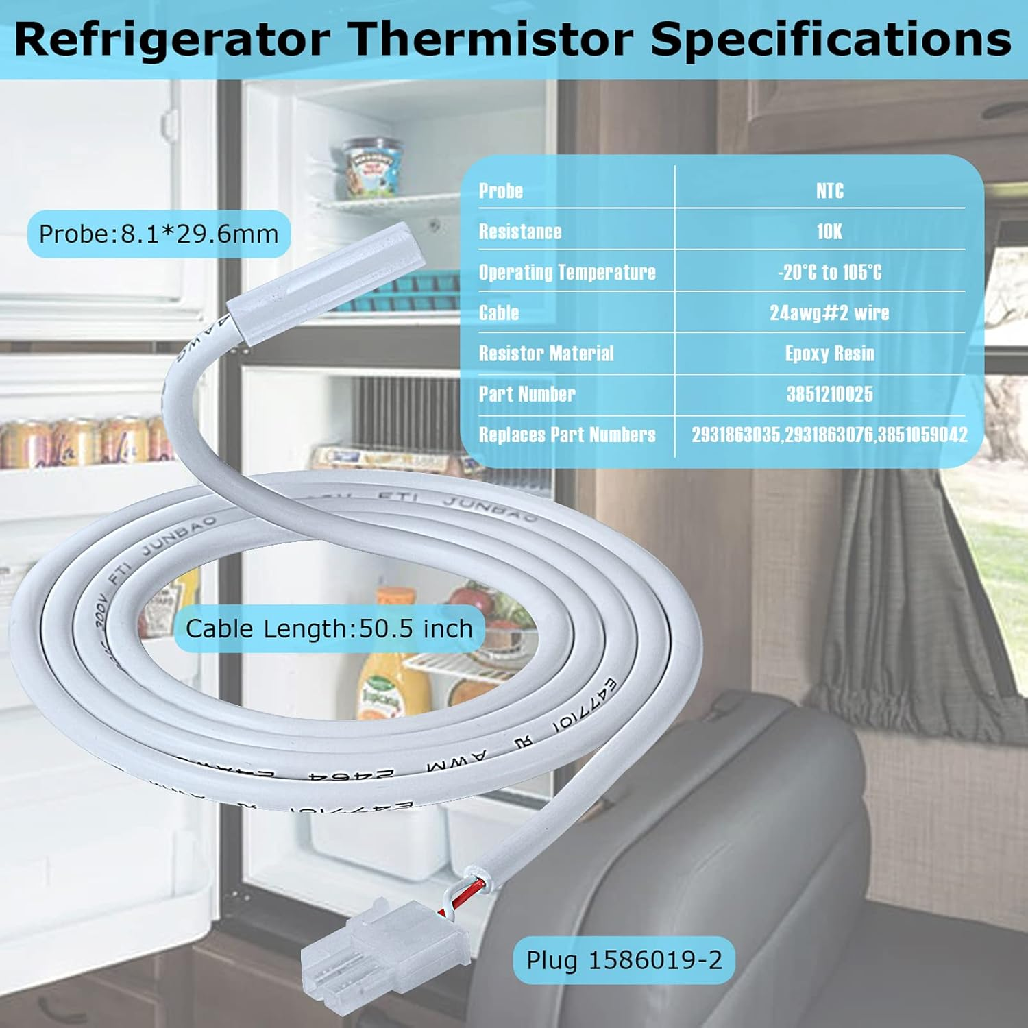 NOVINO Refrigerator Thermistor for Dometic RM Series, 2 Wire, -20&deg;C to 105&deg;C, Waterproof, LCD Display image number 1
