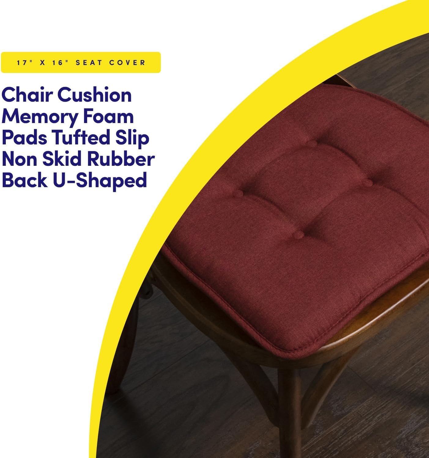 Sweet Home Collection Chair Cushion Memory Foam Pads Tufted Slip Non Skid Rubber Back U-Shaped 17" X 16" Seat Cover, 2 Count (Pack of 1), Wine Burgundy image number 4