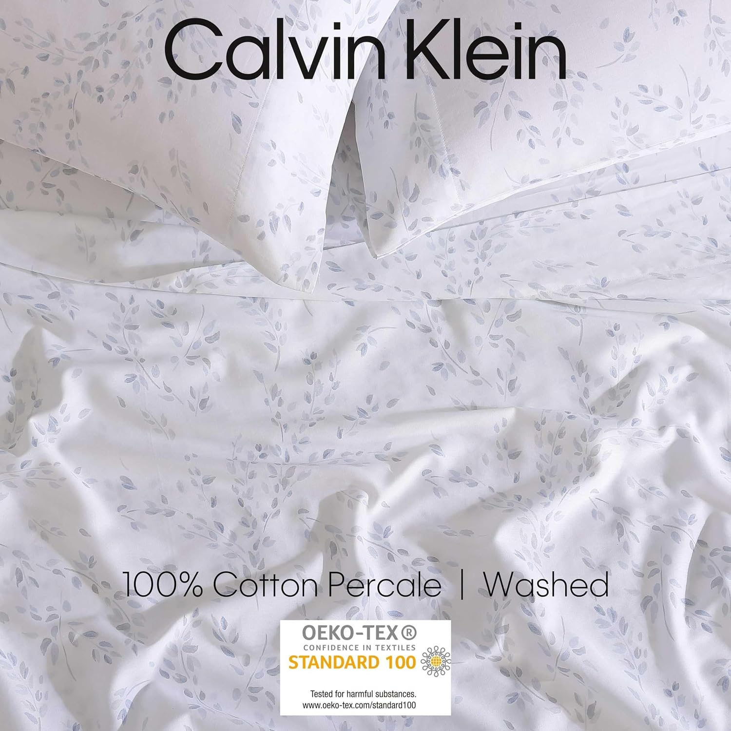 Calvin Klein - Queen Sheet Set, Cotton Sateen Bedding Set, Luxuriously Soft Home Decor (Airy Botanical Blue, Queen) image number 2