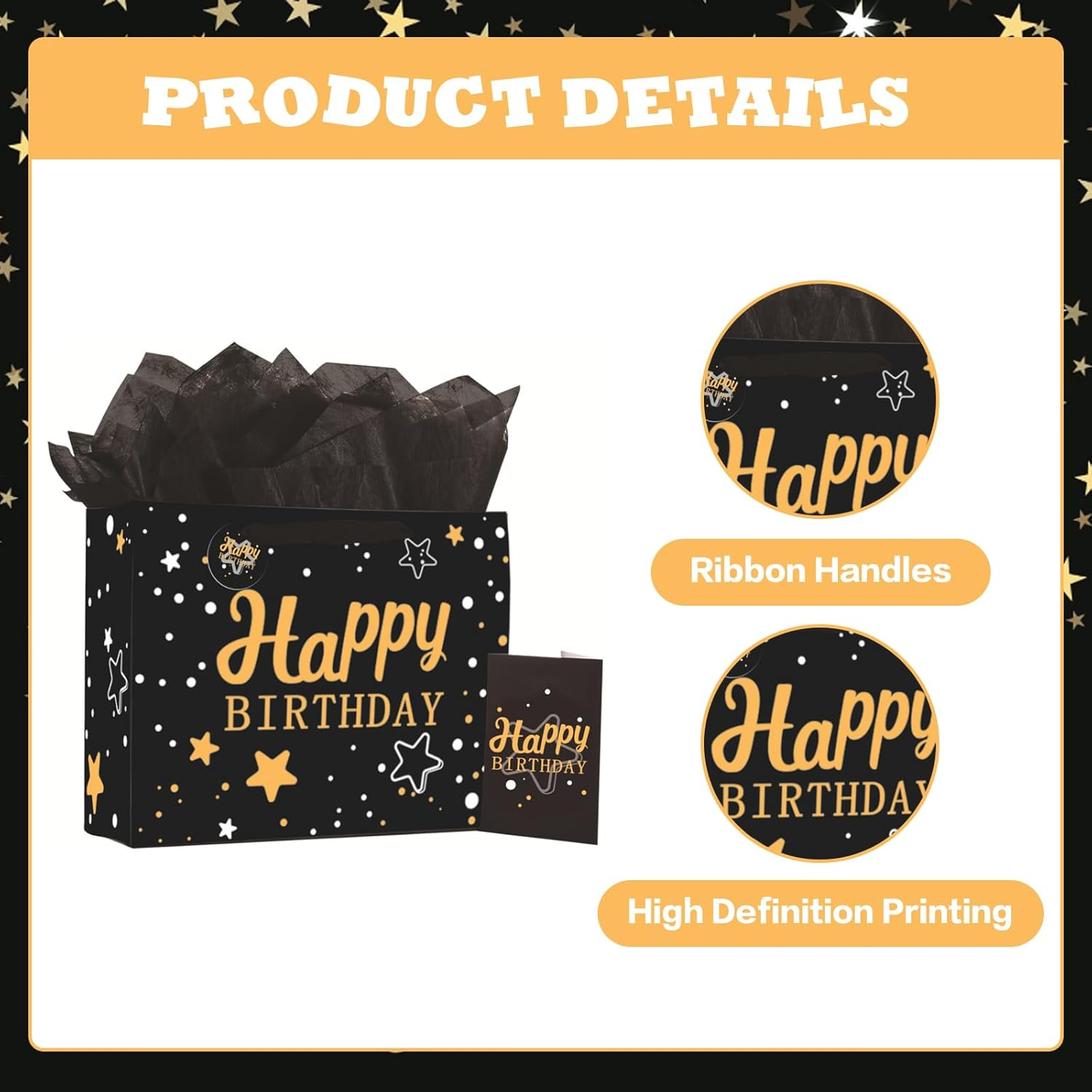 2PCS 13" Large Happy Birthday Gift Bag Set with Greeting Card, Tissue Papers, Party Favor Bag Set Supplies with Letter Gold Stars Pattern, Black Package for Men, Girls and Kid (Black Gold Stars Theme) image number 1