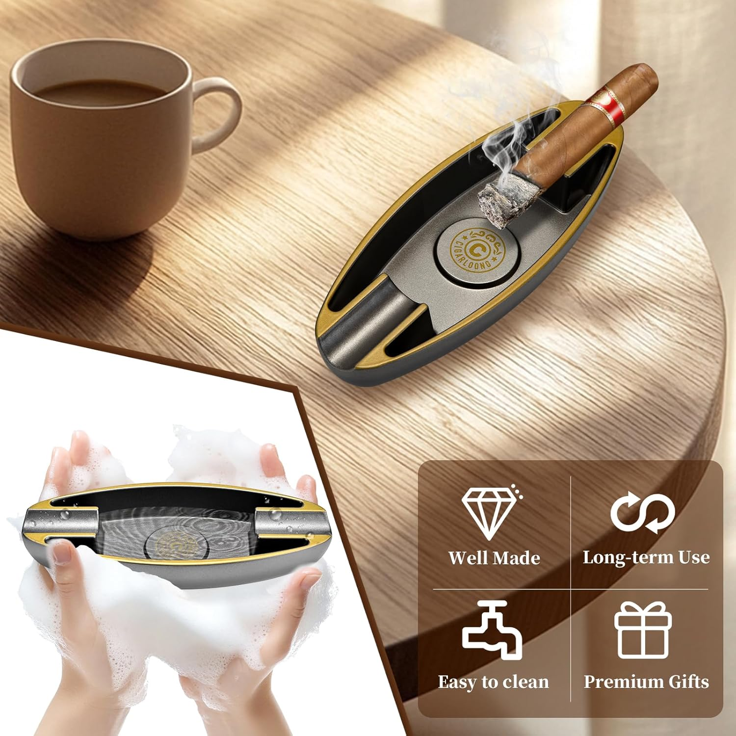 Outdoor Cigar Ashtray, Resin Ashtray, Portable Cigar Ashtray with 2 Holders for Home, Patio, Travel Use (Gold),1 Piece image number 2