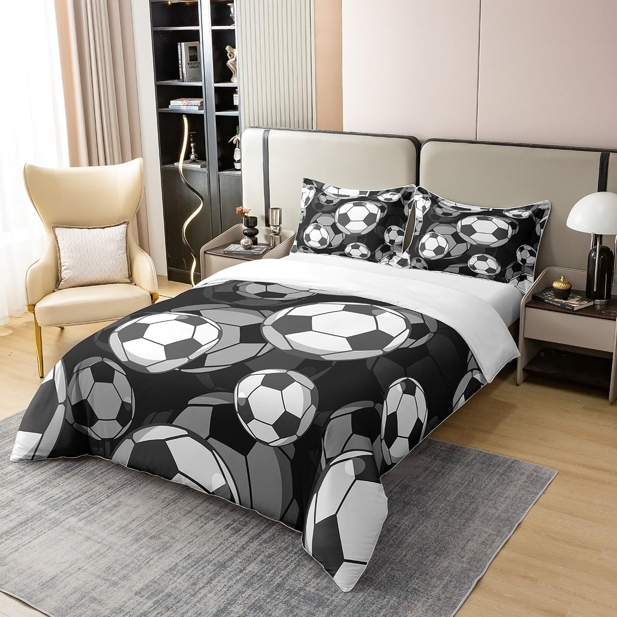 Homewish Kids Soccer 100% Cotton Duvet Cover Single American Football Comforter Cover European Sport Game Bedding Set Player Field Quilt Cover,Cartoon Decor 2Pcs with 1 Pillowcase,Black White image number 2