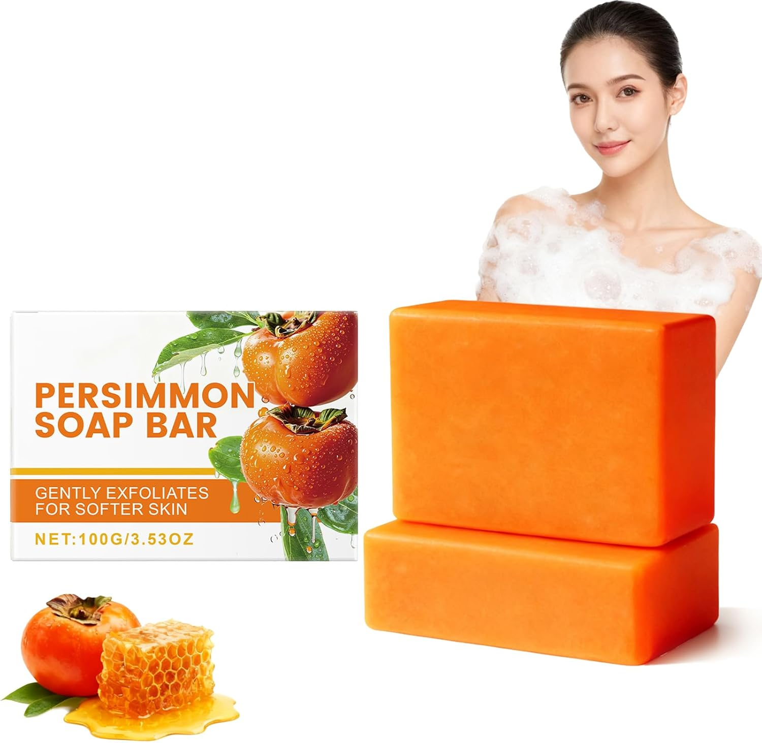 Persimmon Soap Bar for Body Odour Removal, Deodorant Bath Soap for Men & Women, Cleansing & Moisturising Face & Body, Exfoliating Bars with Persimmon & Honey, Light Scent for Smooth Skin (6Pcs)