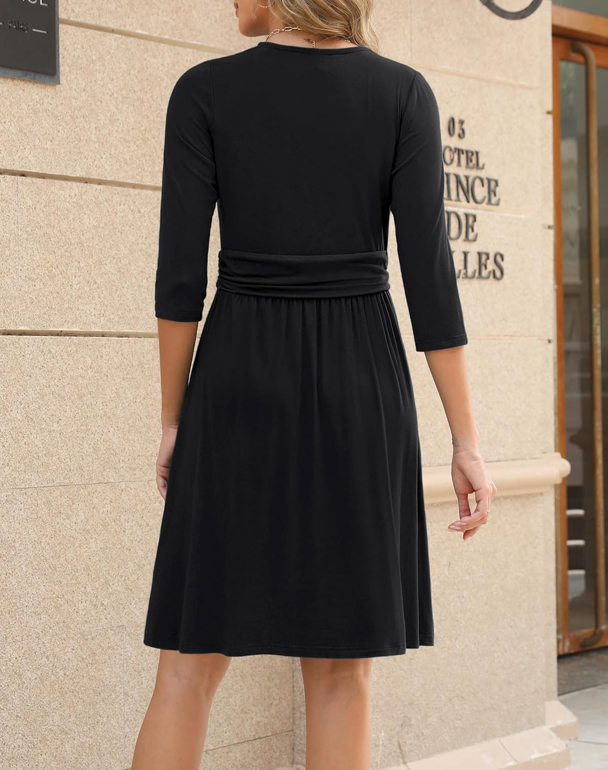 Zattcas Womens 2025 Wrap V Neck 3/4 Sleeve Cocktail Dress Pleated a Line Fit and Flare Wedding Guest Dress with Pockets image number 5