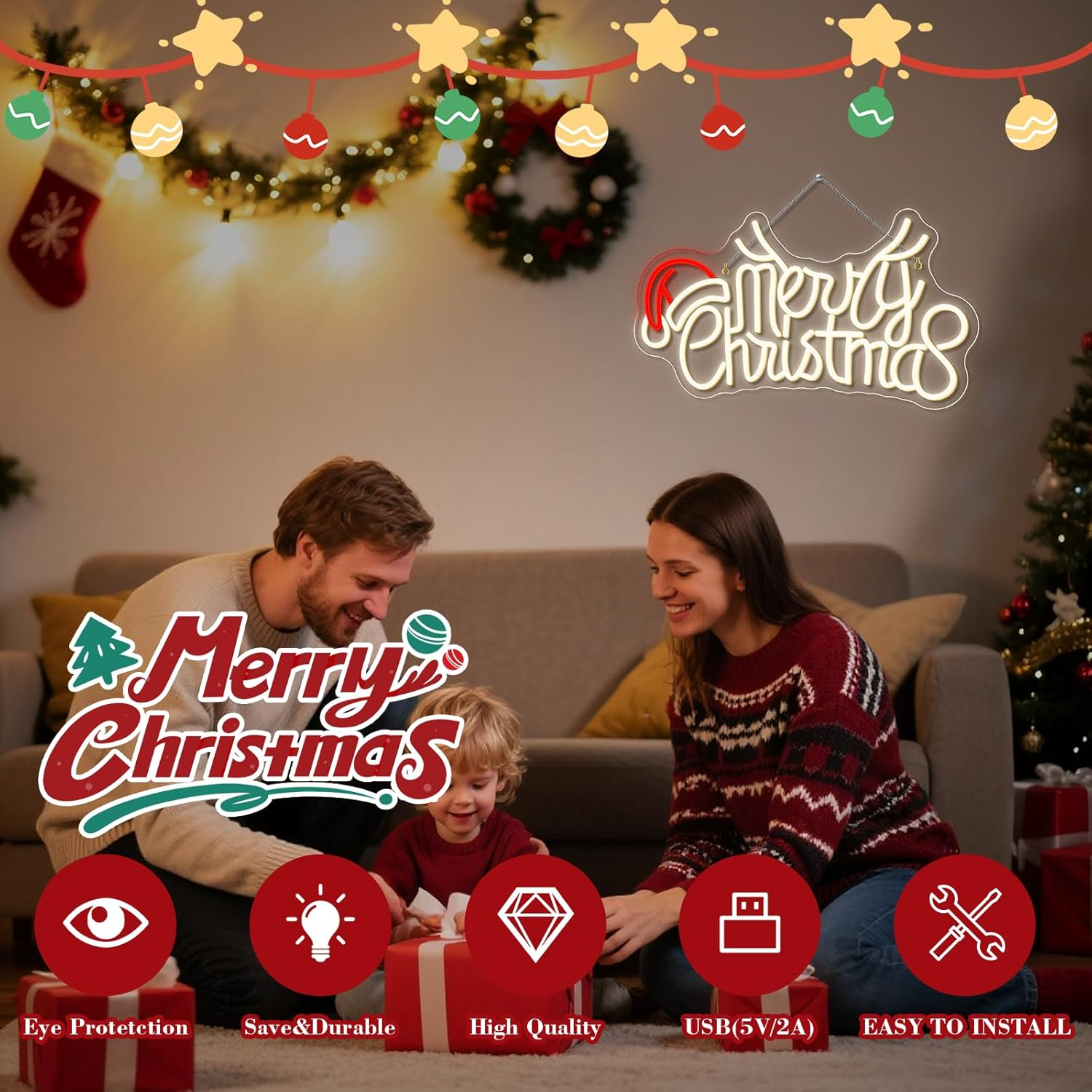 SIGNSHIP Merry Christmas Antlers Hat Neon Sign, Merry Christmas Elk Antlers Hat LED Sign, LED Lettering with Dimmable, Light Signs for Wall Decoration, Christmas Party, Bedroom, New Year Party image number 5