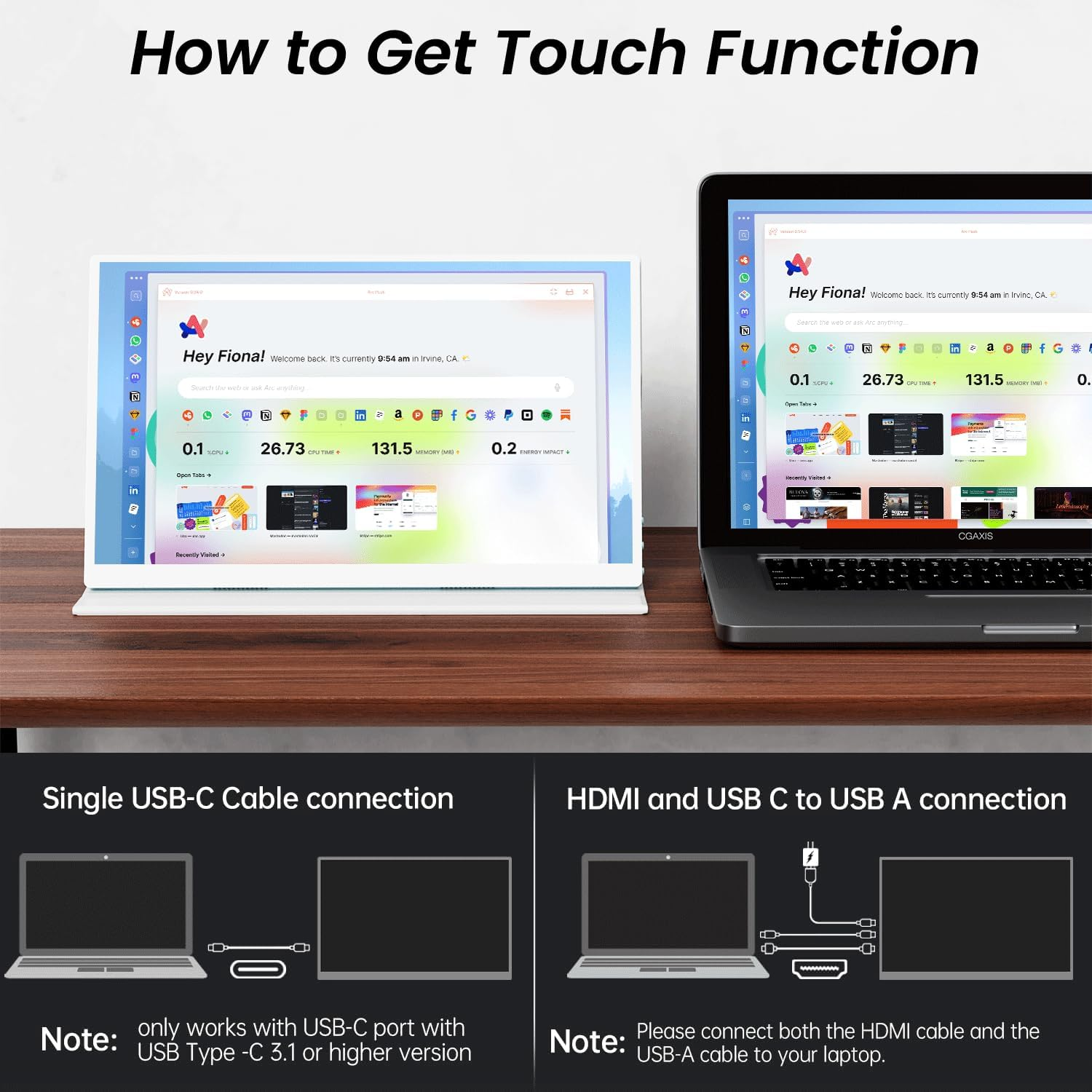15.6'' Touchscreen Portable Monitor, FHD IPS Display with Built-In Speaker & Protective Case, 10-Point Touch Screen, HDMI & USB-C Travel Monitors for Laptop, PC, Phone,Metal Gray + White