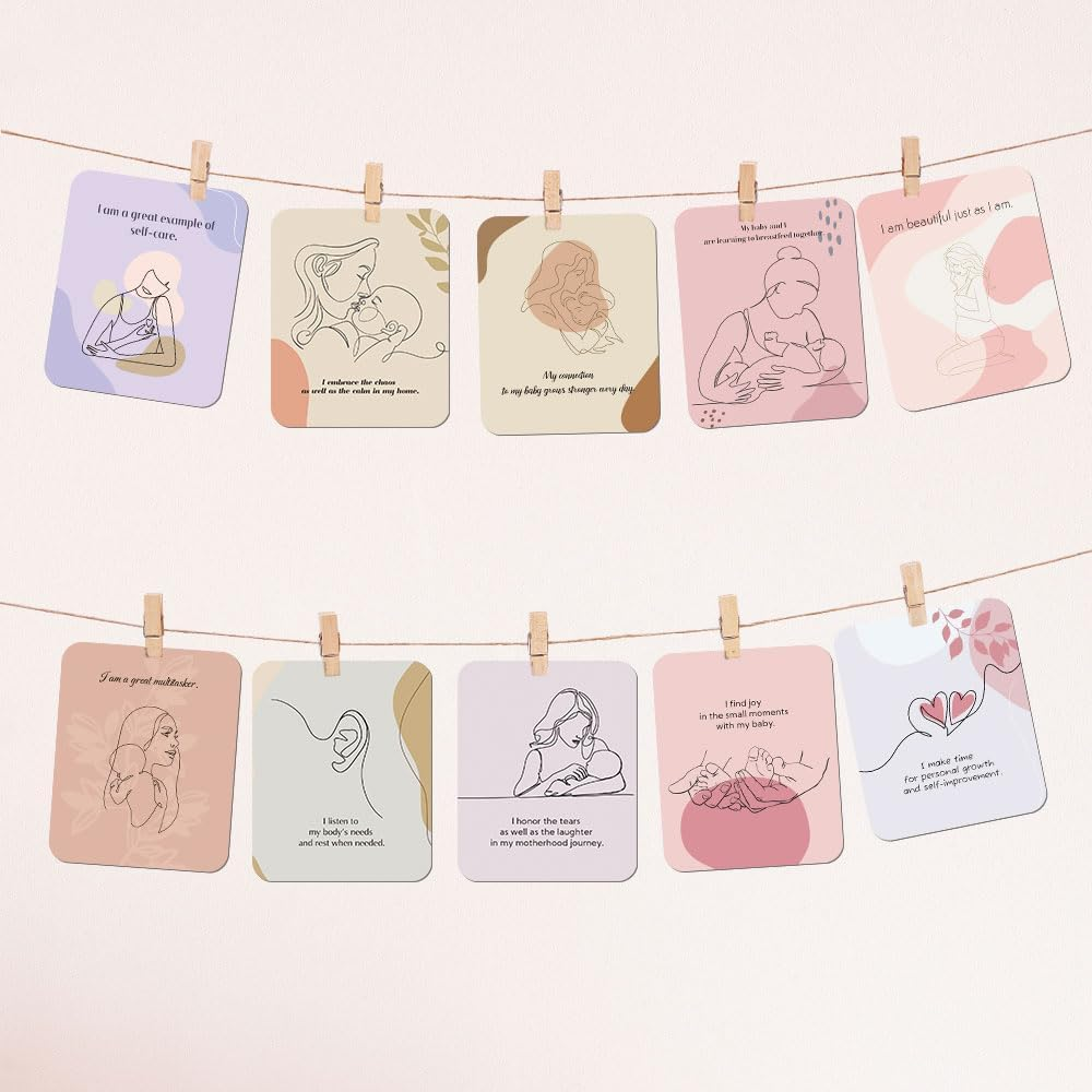 BIROYAL 45 PCS New Mom Affirmation Cards for Post Partum/Postpartum - New Mom Essentials Gifts with Empowering Messages - Postpartum Affirmation Cards with Wooden Stand and Metal Box image number 4
