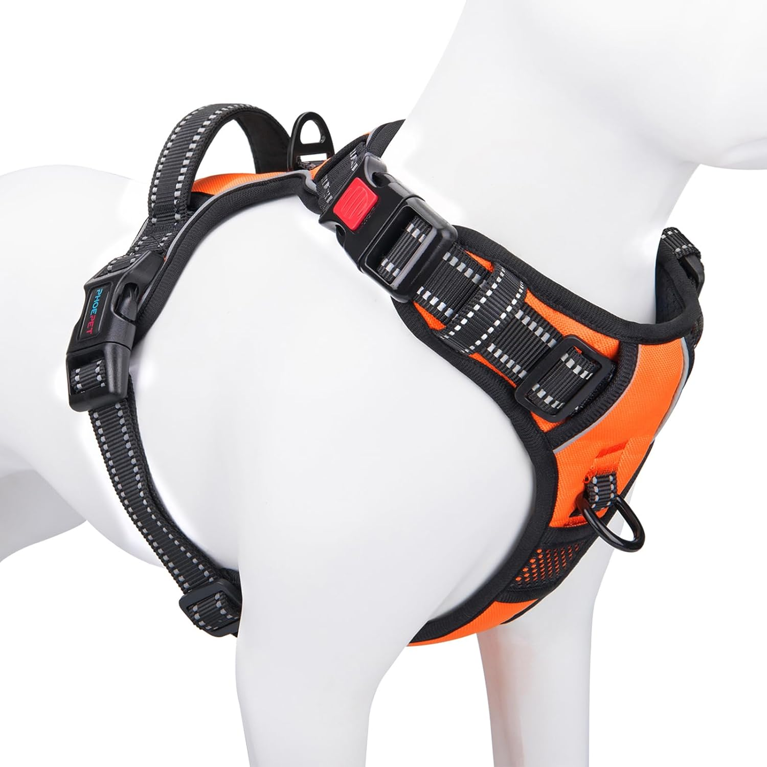 PHOEPET Reflective Dog Harness Large Breed Adjustable No Pull Vest Handle 2 Metal Rings 3 Buckles [Easy to Put on & Take Off](L, Orange)