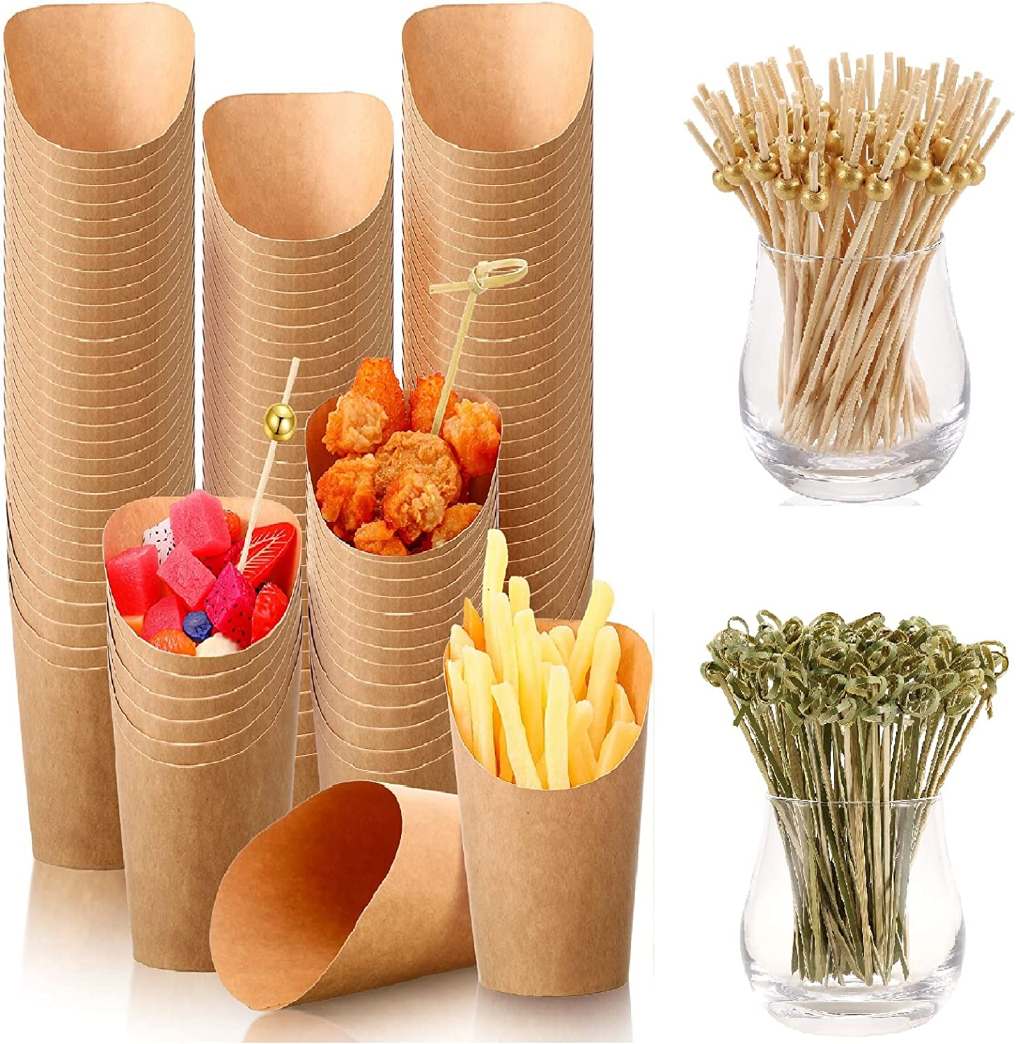 500 Pcs Disposable Charcuterie Cups with Cocktail Picks Set, 100 Pcs 12 Oz Kraft Brown Appetizer Cups French Fry Holder Popcorn Ice Cream Paper Cones for Food Containers with 400 Pcs Bamboo Skewers image number 4