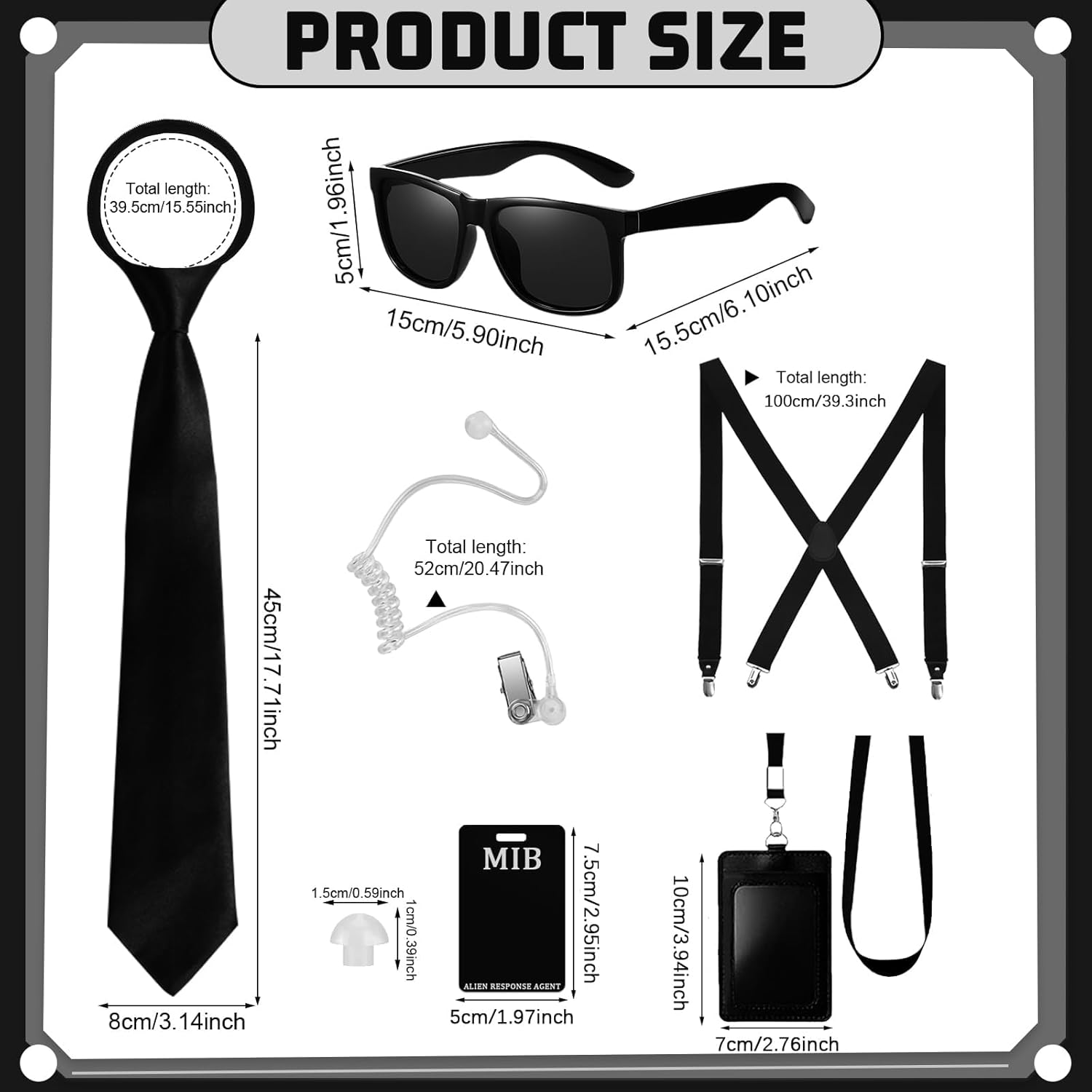 7PCS Agent Costume Accessories Set, Secret Service Fancy Dress Kit, Adult Spy Outfit with Suspenders Sunglasses Necktie Earpiece Zip Tie ID Card Holder for Men Cosplay Dress up Party Props image number 6