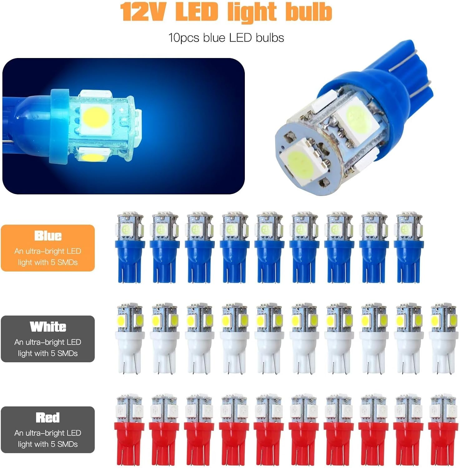 10PCS LED Bulb Replacement for T10 5SMD 5050 Globe Light Bulb Wedge Tail Plate Parker Interior Dash, 12 * 28Mm, 12V, Blue - Blue image number 6