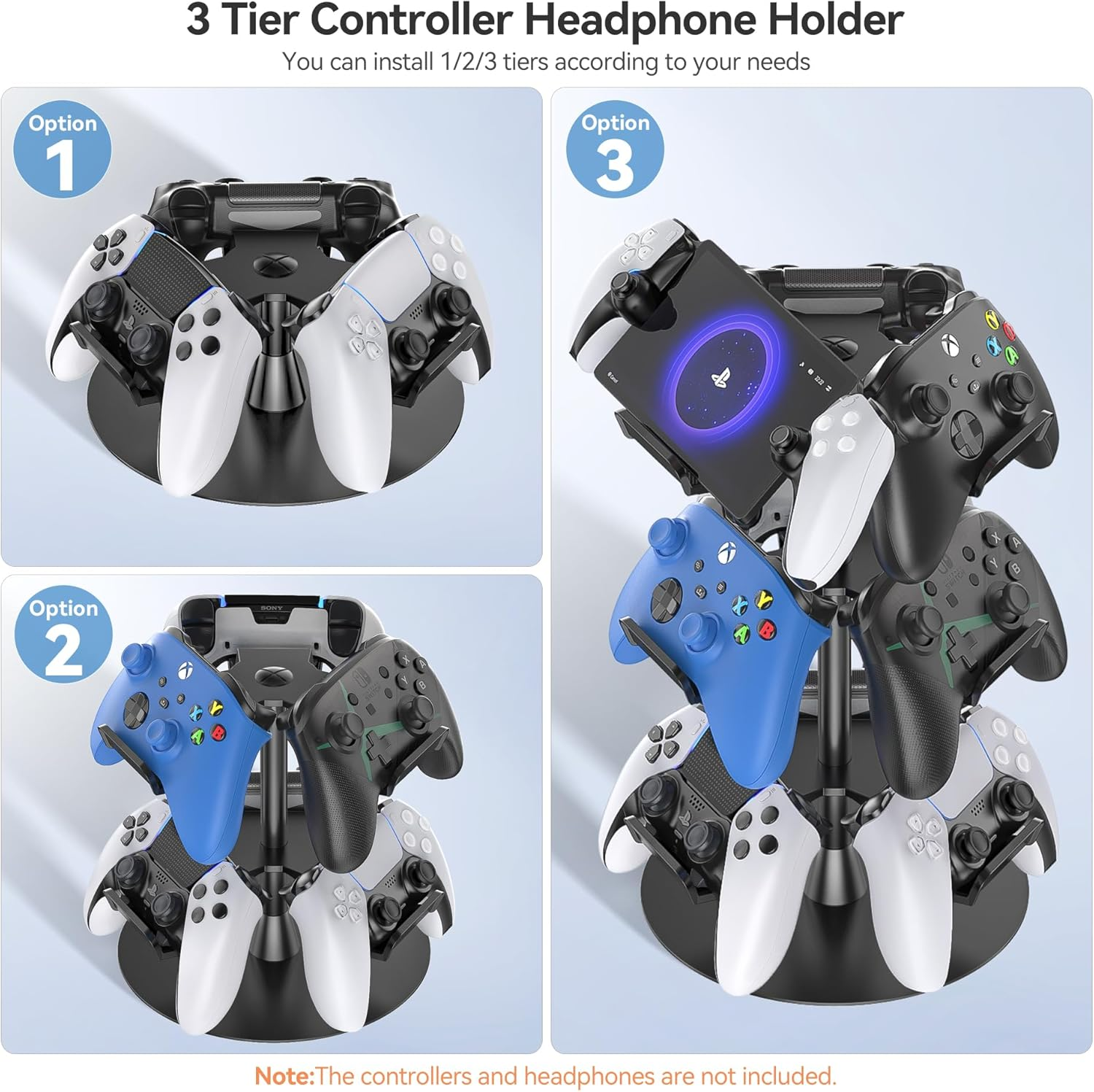 Kosker Controller Stand 3-Tier, Rotatable Gaming Headset & Controller Holder Compatible with Xbox/Ps5/Ps4/Switch/Ps Portal, Universal Headphone Stand, Desk Organizer for 9 Packs Controller image number 4