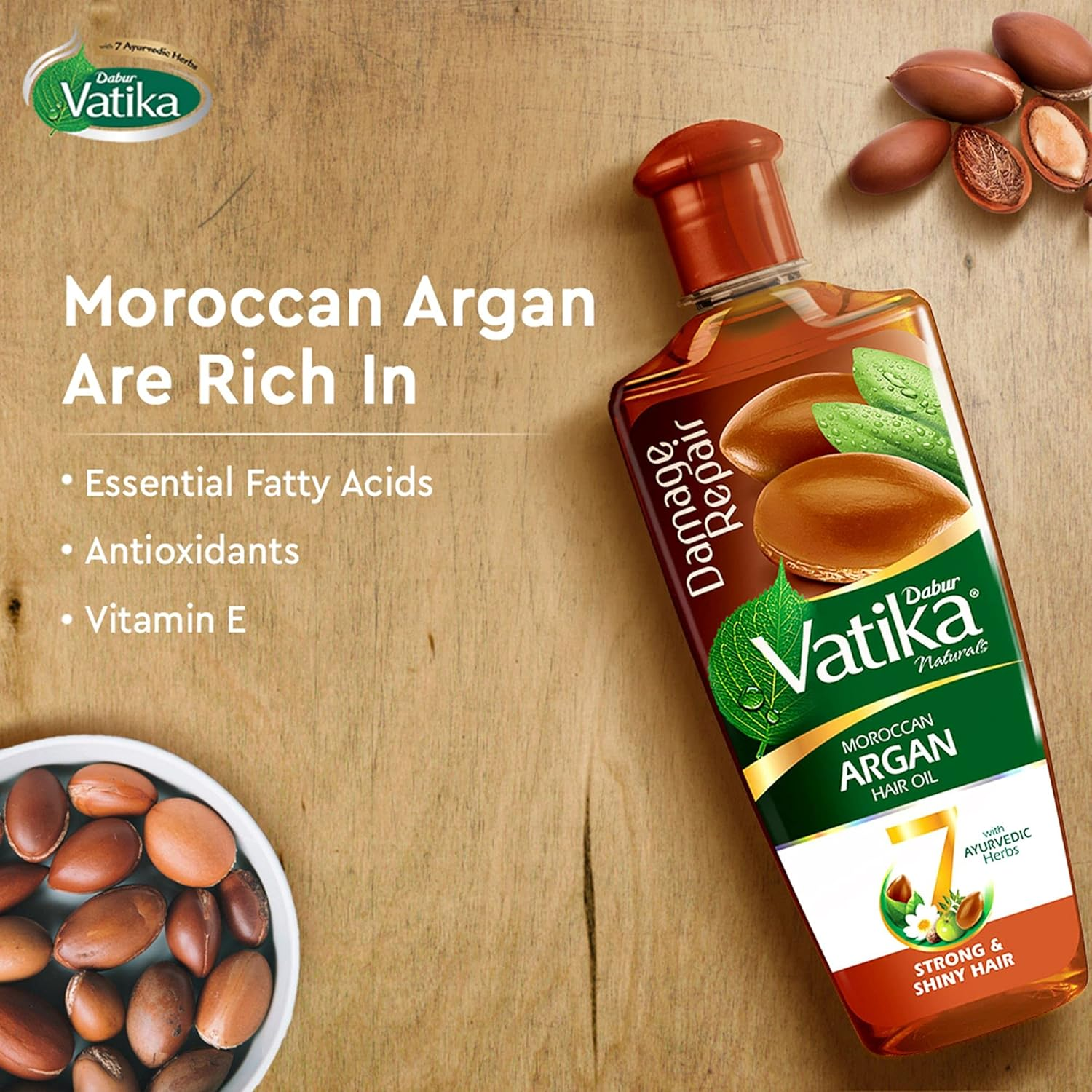 Dabur Vatika Naturals Moroccan Argan Hair Oil with 7 Ayurvedic Herbs, Repairs Damage, Provides Strong and Shiny Hair, 300 Ml image number 2