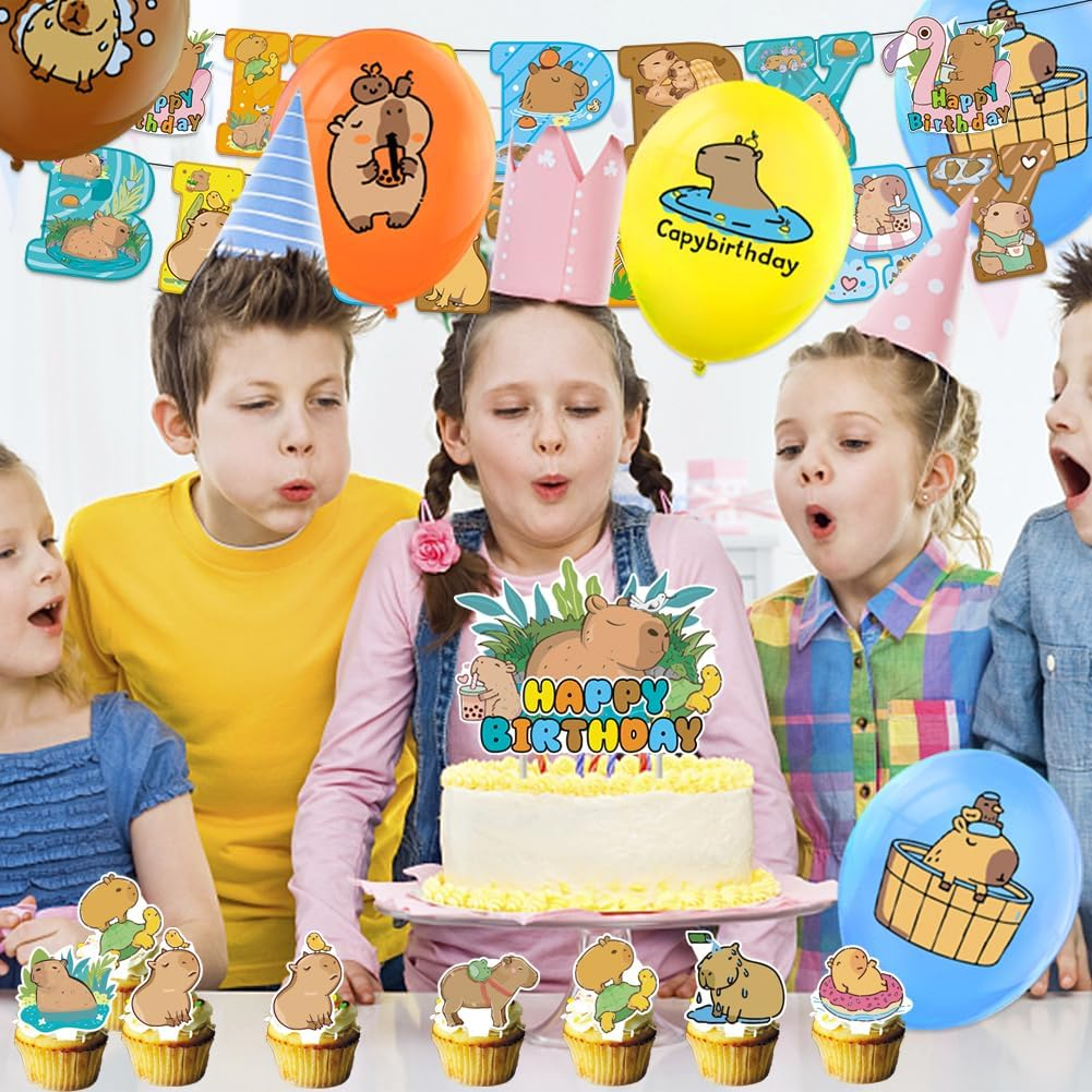 32PCS Capybara Theme Birthday Decoration,Capybara Theme Party Includes Birthday Banner Huggy Latex Balloons Cupcake Toppersfor Capybaracreative Party Birthday Party Christmas Supplies Kids image number 3