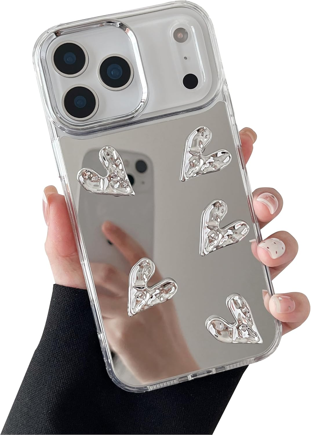 ZTOFERA for Iphone 17 Pro Max Case, Cute Mirror Case with 3D Love Heart for Girls Women Makeup, Flexible Shockproof Anti-Scratch Protective Cover for Iphone 17 Pro Max - Sliver 5 Hearts image number 6