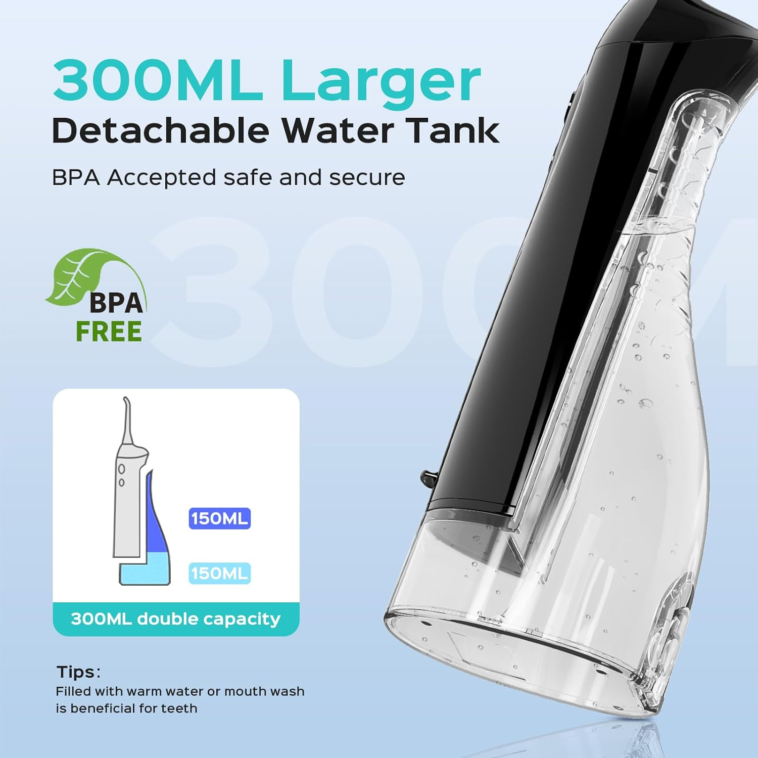 COSLUS Professional Cordless Water Flosser for Teeth, Braces, Gums Care - Daily Deep Cleaning, Rechargeable, Portable for Travel, Waterproof, 300Ml, Bpa-Free, Black, C20